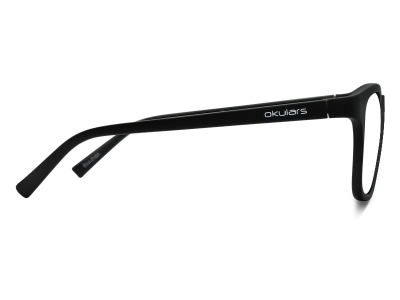 Okulars Eco Nordic Luce Blu - Black glasses with a sleek design, made from recycled materials, displayed with a microfiber case.