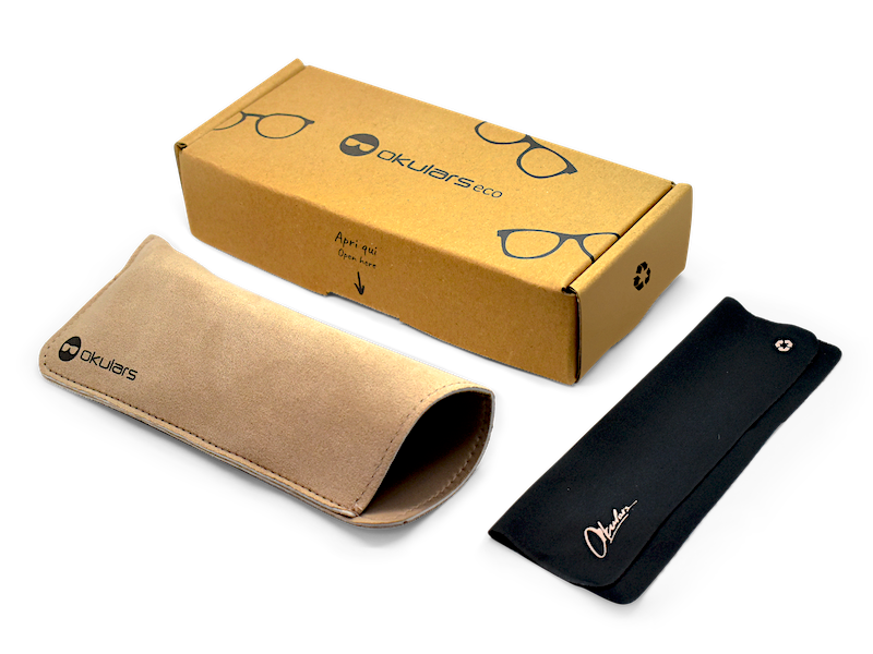 Okulars Eco Nordic Luce Blu - Black glasses with a sleek design, made from recycled materials, displayed with a microfiber case.