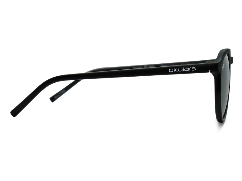 Okulars Eco Pacific Black sunglasses with a sleek matte finish, made from recycled materials, displayed on a neutral background.