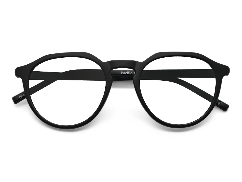 Okulars Eco Pacific Luce Blu in black, made from 100% recycled materials, displayed with a soft-touch matte finish and microfiber case.