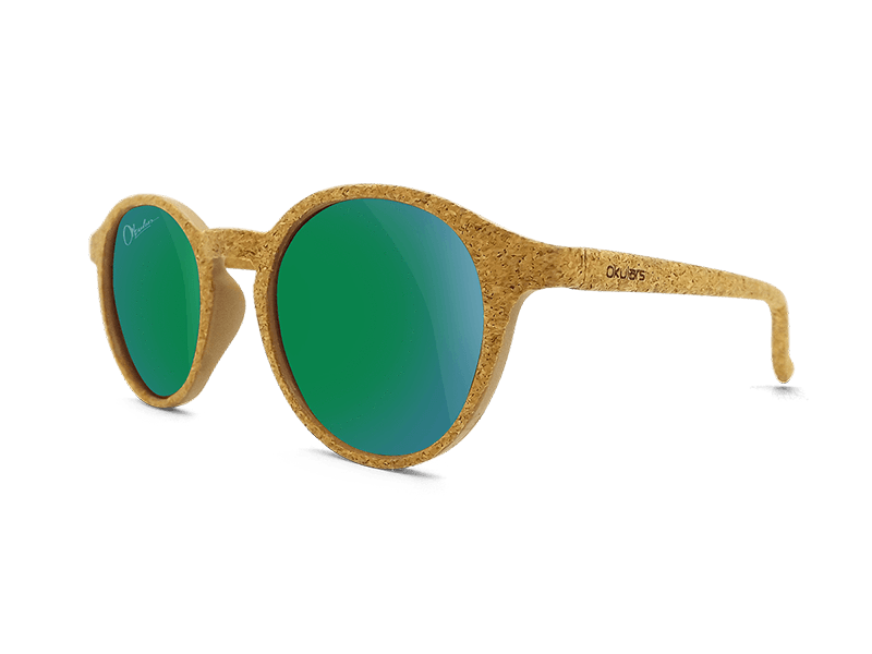Okulars® Oak Breeze - Verde sunglasses featuring a natural cork frame and green mirrored polarized lenses.