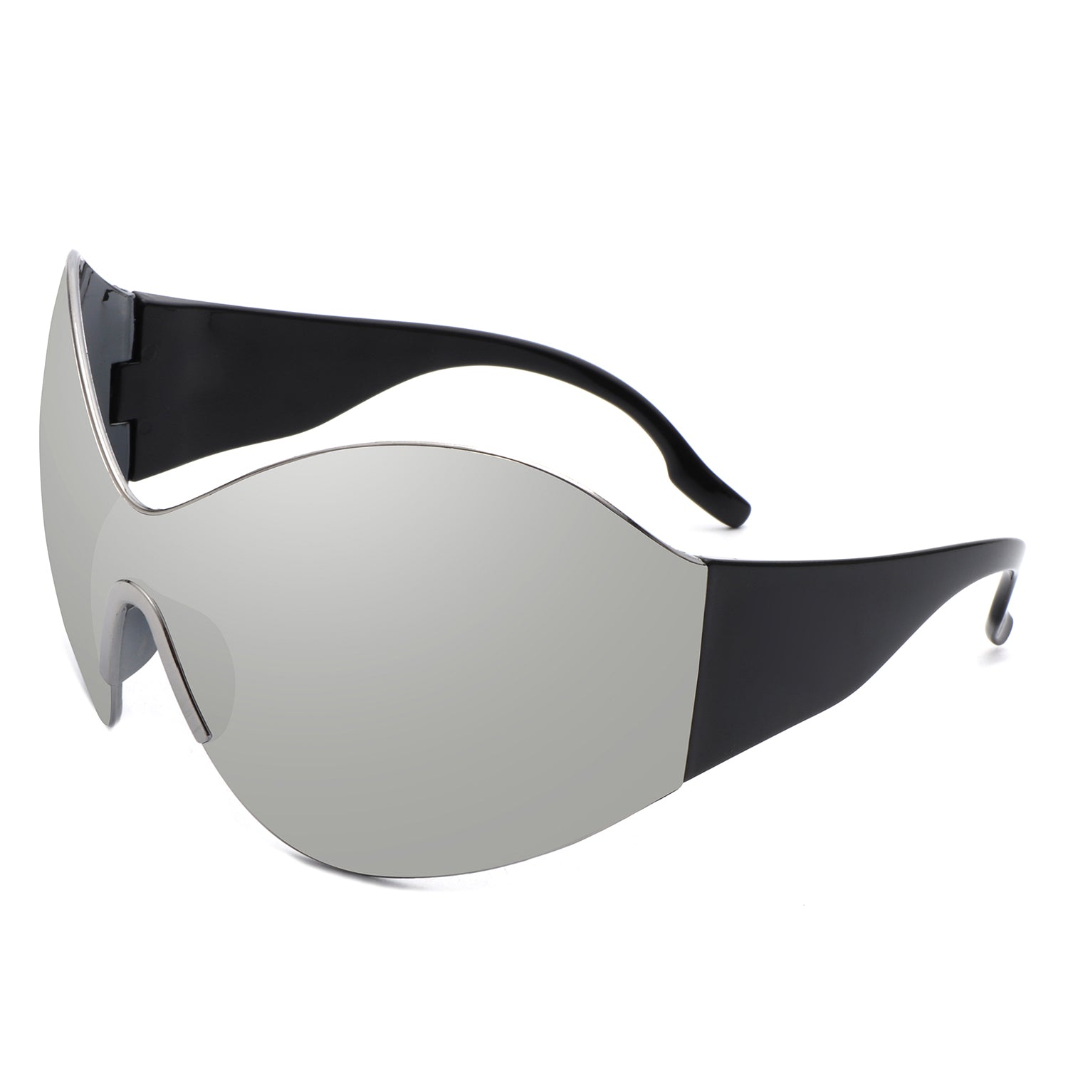 Oriel Rimless Oversized Wraparound Shield Women Sunglasses showcasing a stylish design with a lightweight plastic frame and large lenses.