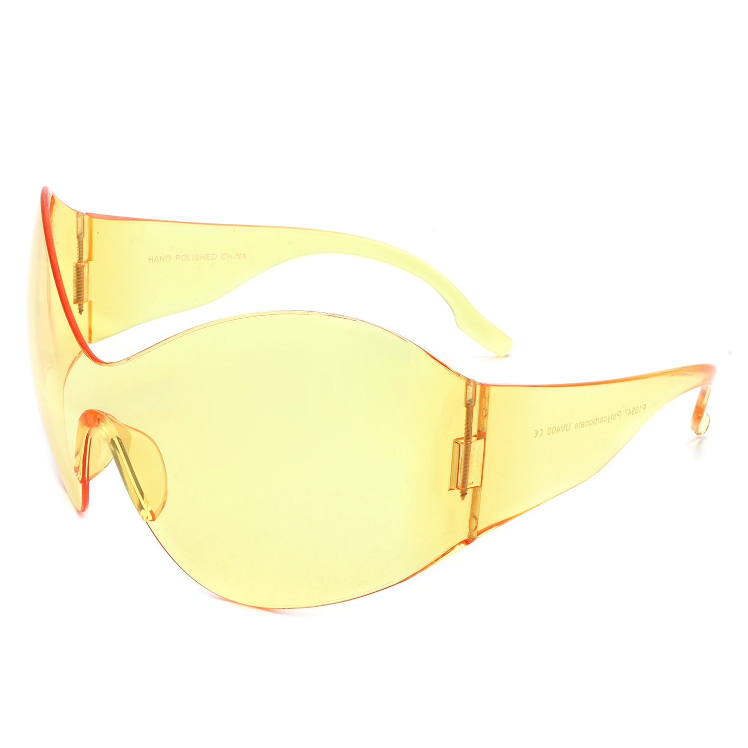 Oriel Rimless Oversized Wraparound Shield Women Sunglasses showcasing a stylish design with a lightweight plastic frame and large lenses.