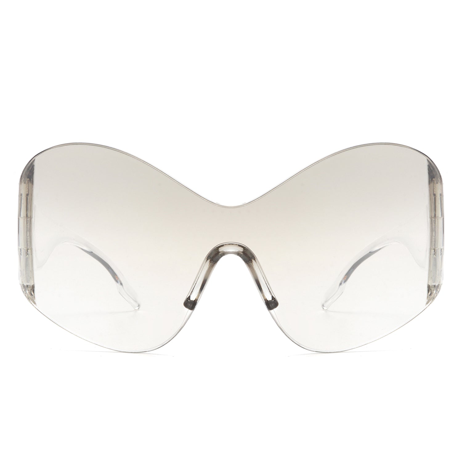 Oriel Rimless Oversized Wraparound Shield Women Sunglasses showcasing a stylish design with a lightweight plastic frame and large lenses.