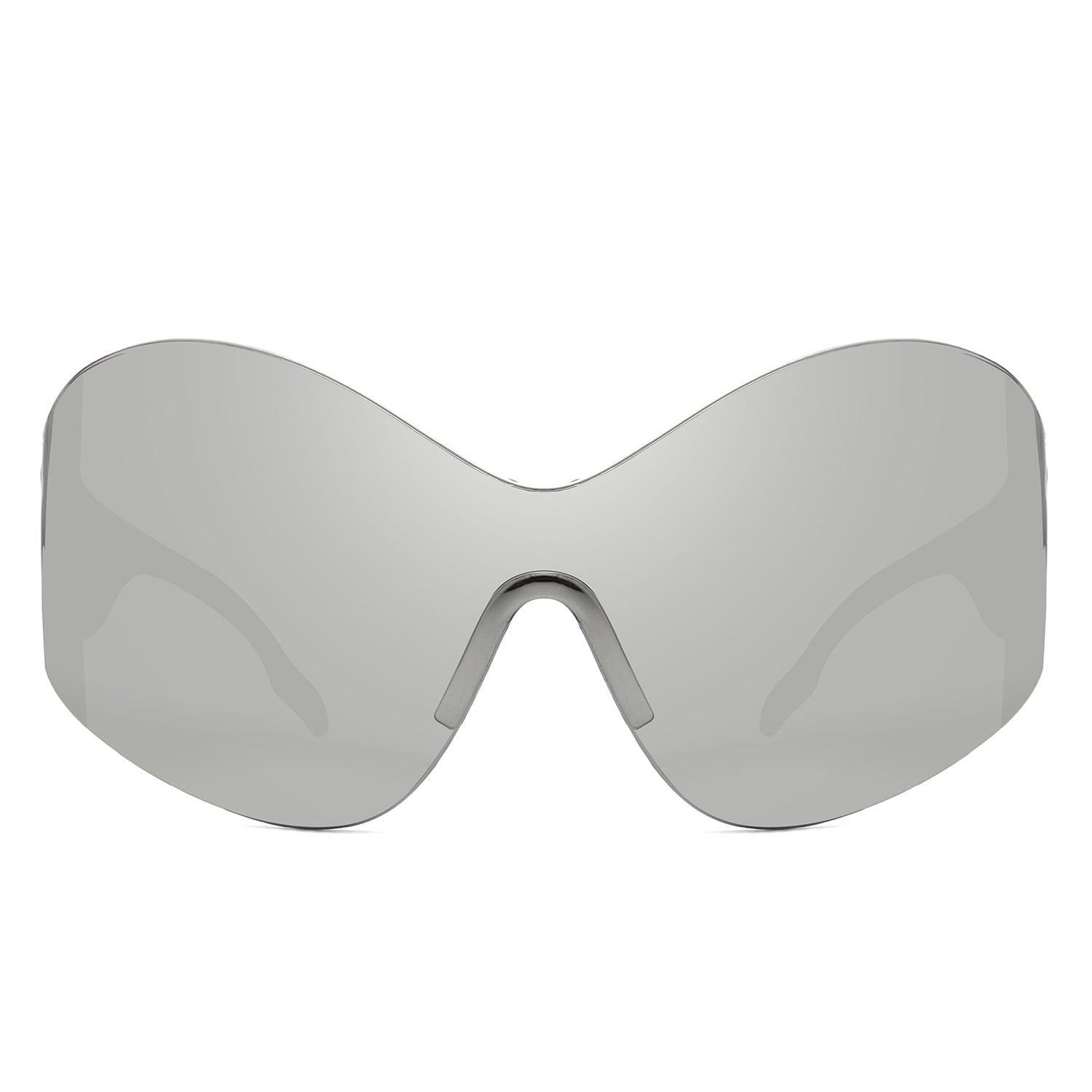 Oriel Rimless Oversized Wraparound Shield Women Sunglasses showcasing a stylish design with a lightweight plastic frame and large lenses.