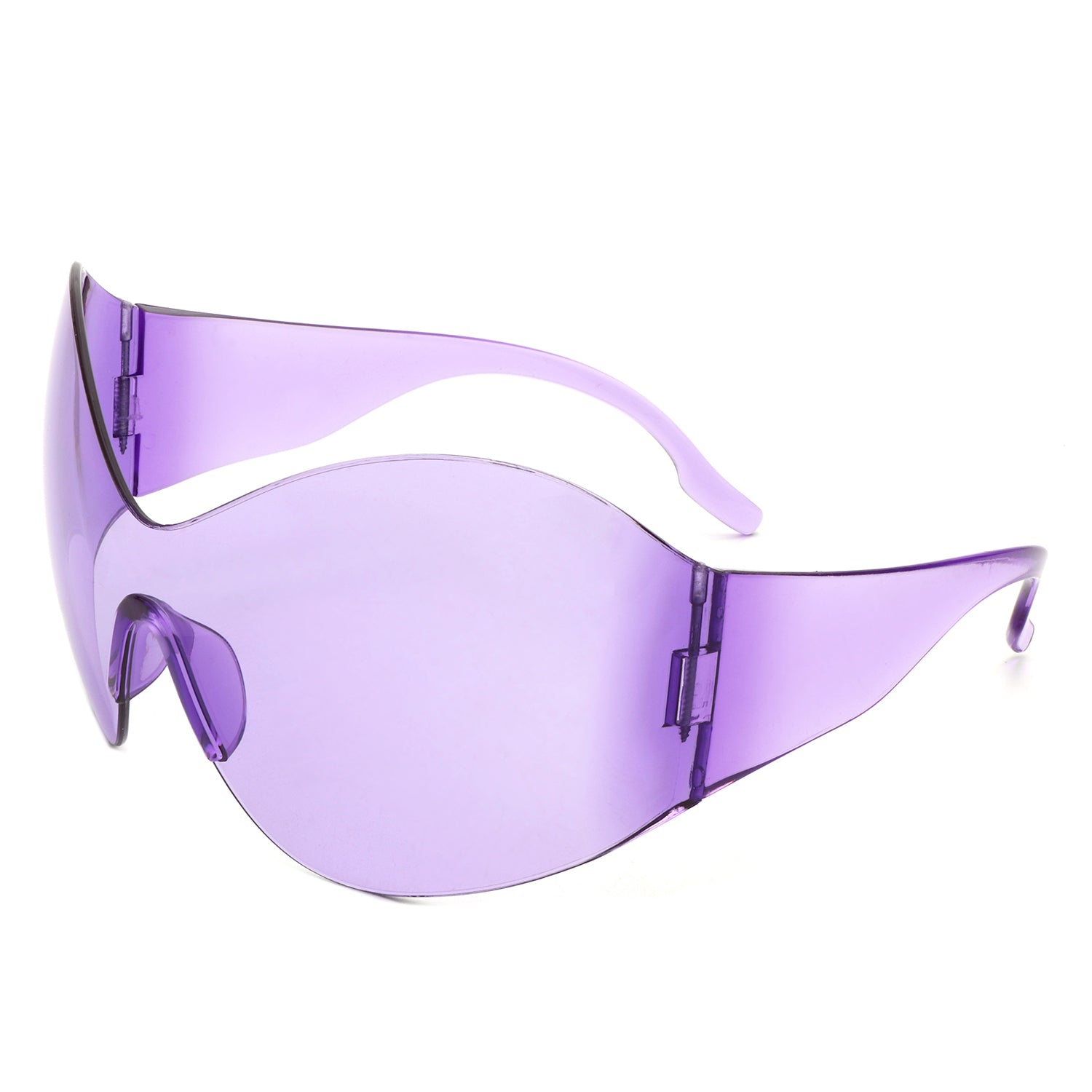 Oriel Rimless Oversized Wraparound Shield Women Sunglasses showcasing a stylish design with a lightweight plastic frame and large lenses.
