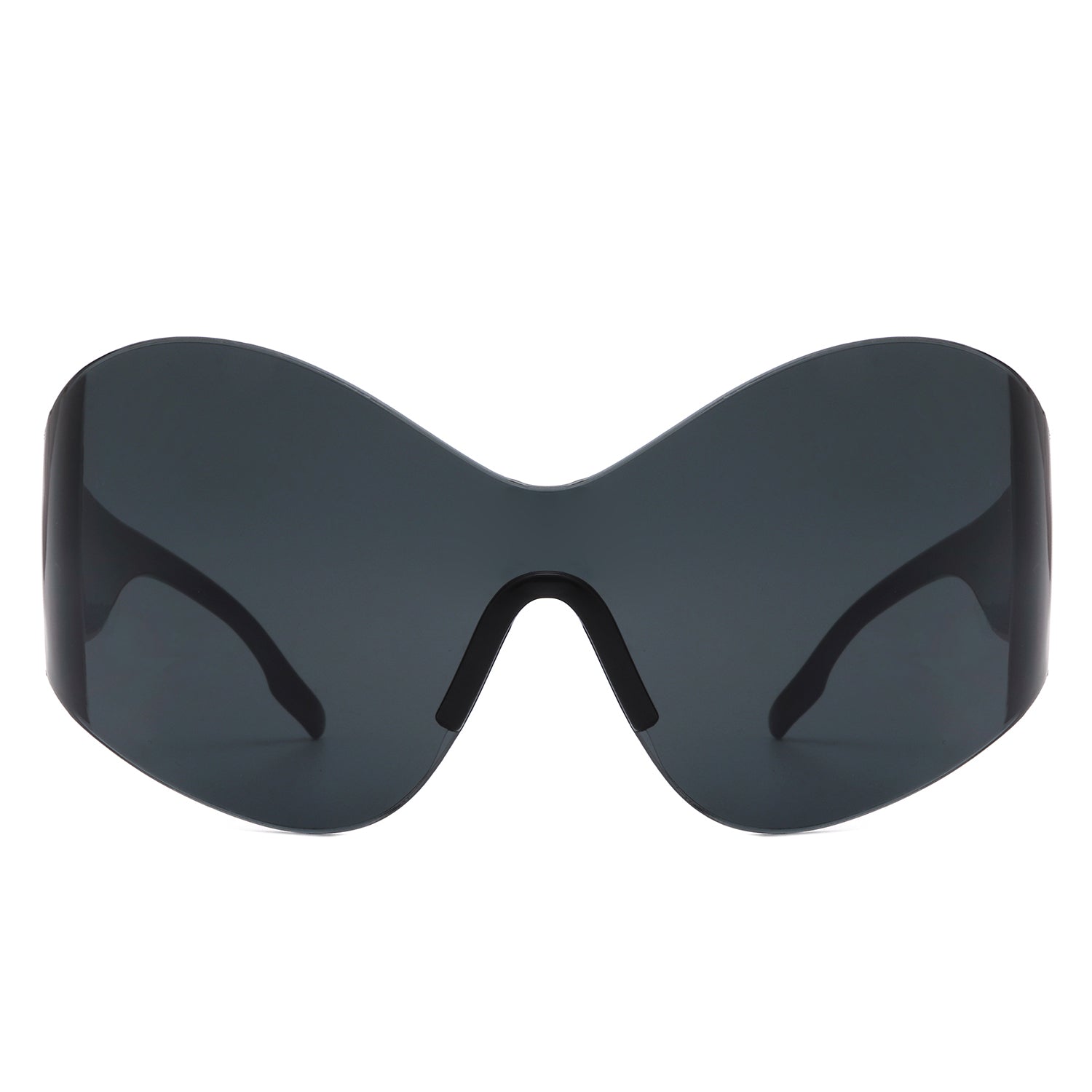 Oriel Rimless Oversized Wraparound Shield Women Sunglasses showcasing a stylish design with a lightweight plastic frame and large lenses.