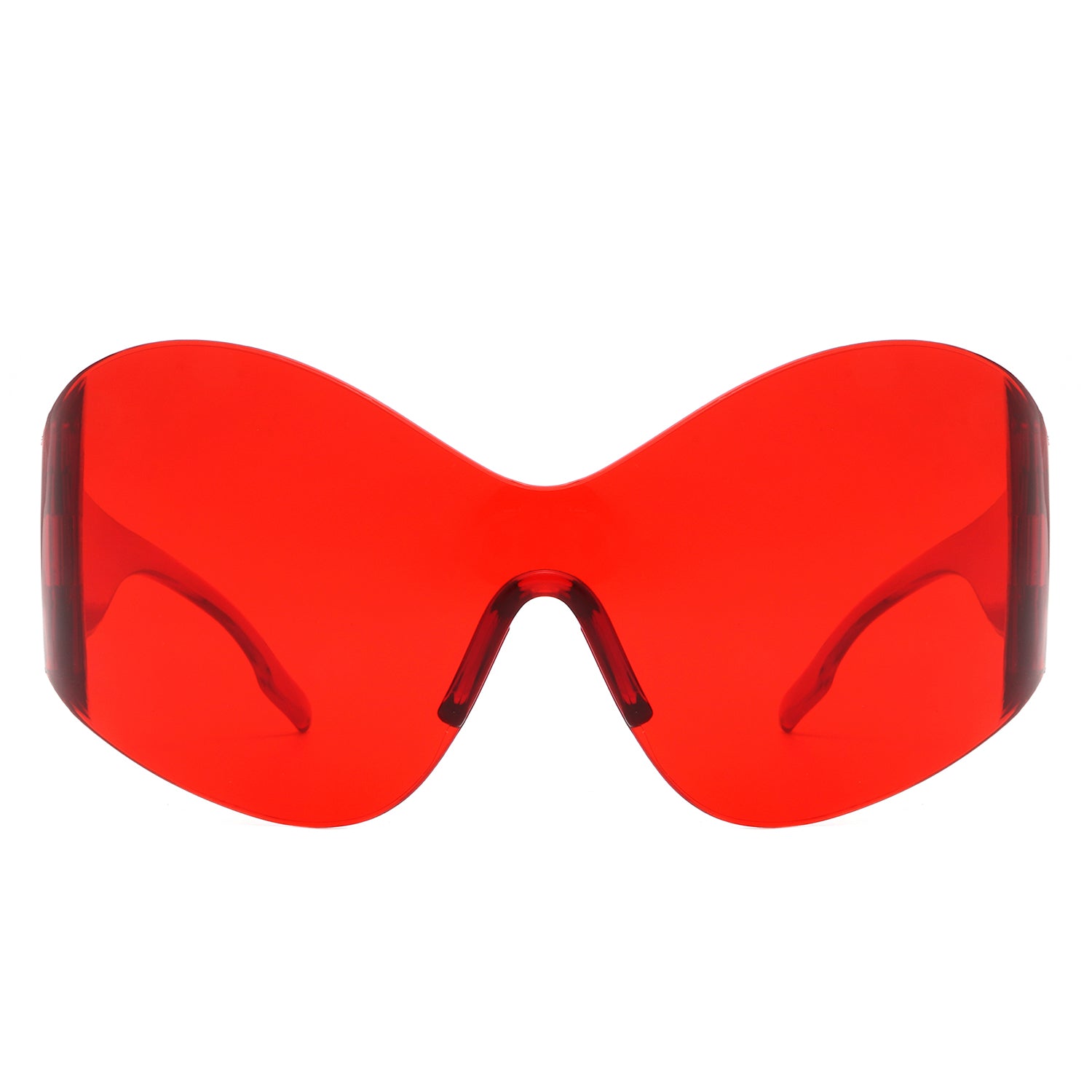 Oriel Rimless Oversized Wraparound Shield Women Sunglasses showcasing a stylish design with a lightweight plastic frame and large lenses.