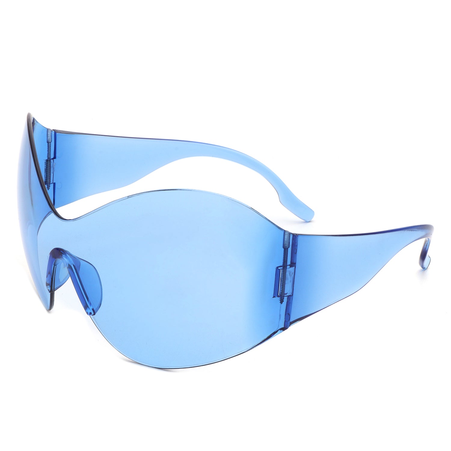 Oriel Rimless Oversized Wraparound Shield Women Sunglasses showcasing a stylish design with a lightweight plastic frame and large lenses.