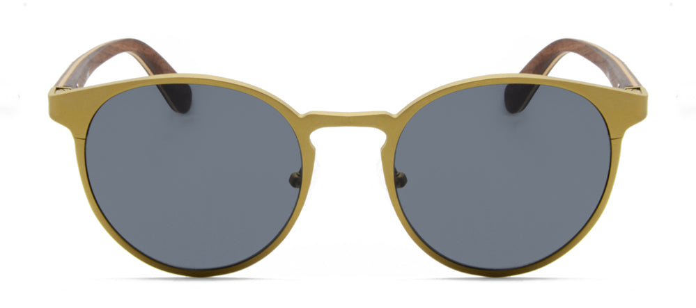 Perfect Storm Titanium and Wood Sunglasses with walnut wood arms and matte titanium frame in gold, silver, and gun grey colors.