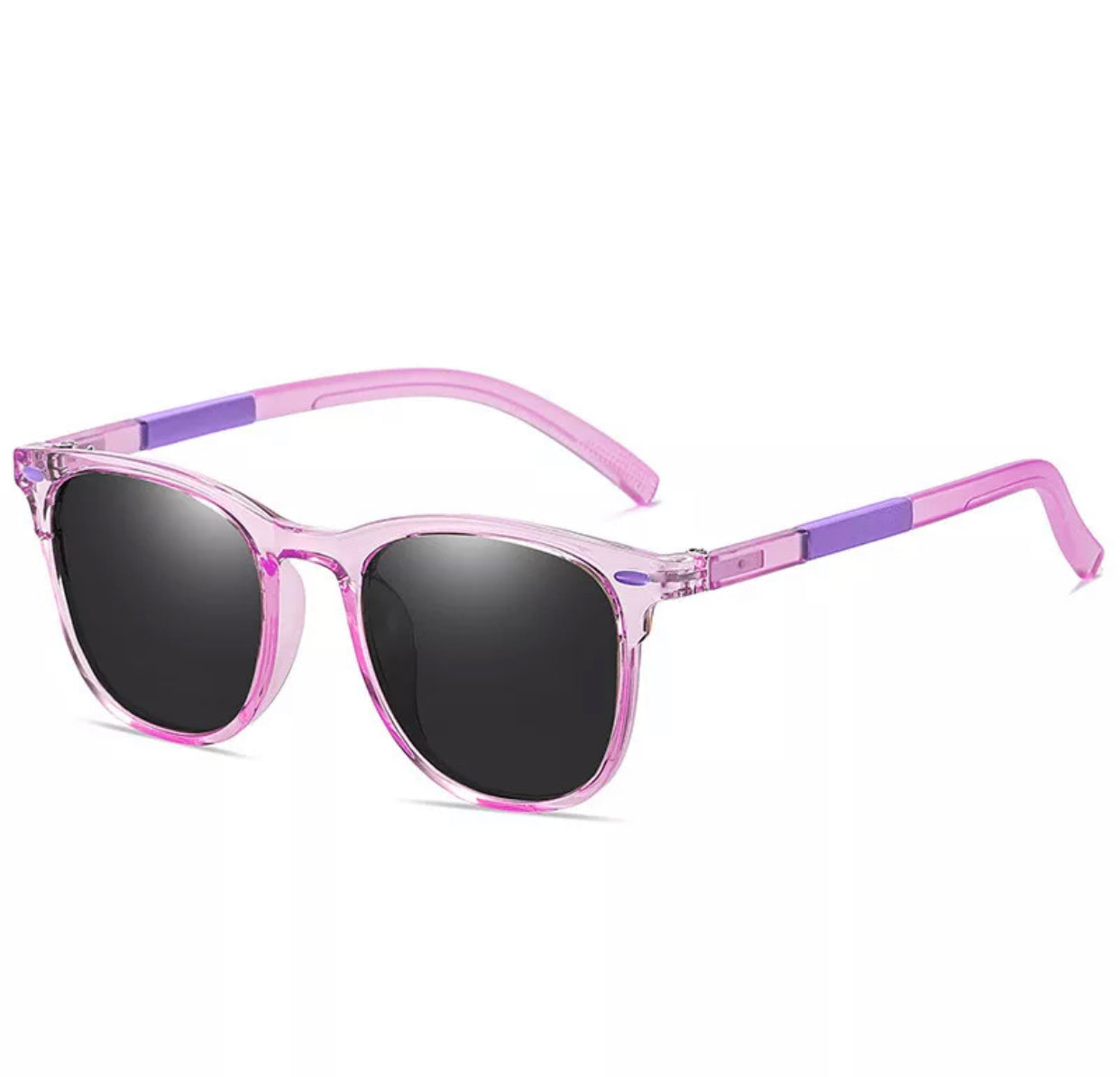 Colorful purple sunglasses with black lenses designed for kids aged 3 to 8, perfect for outdoor activities.