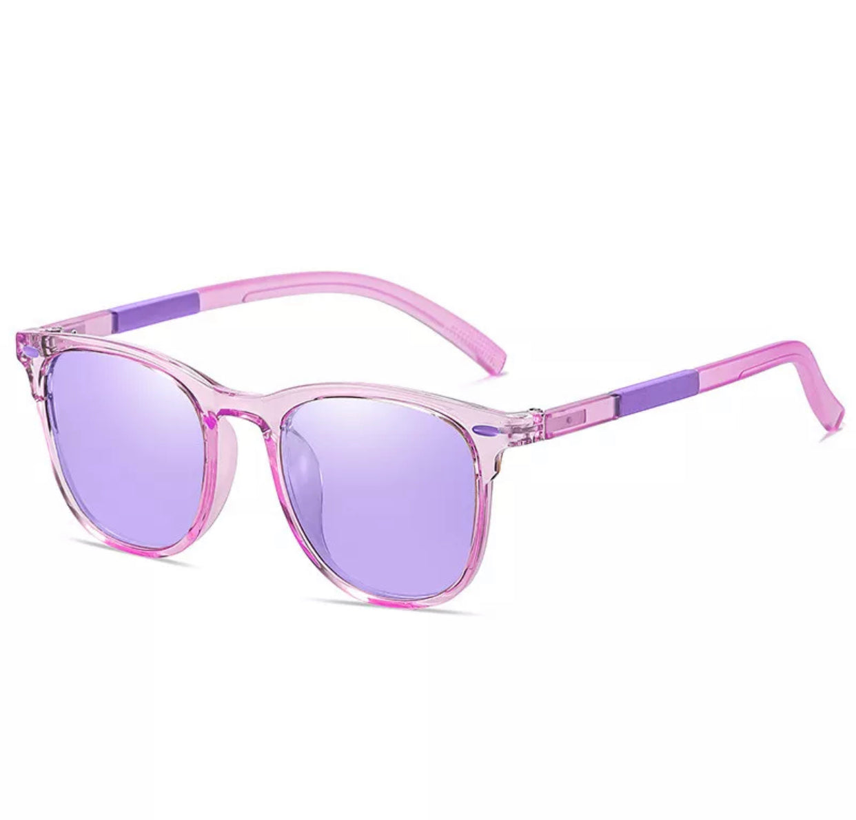 Purple sunglasses with light purple lenses designed for kids aged 3-8, featuring a vibrant and playful design.