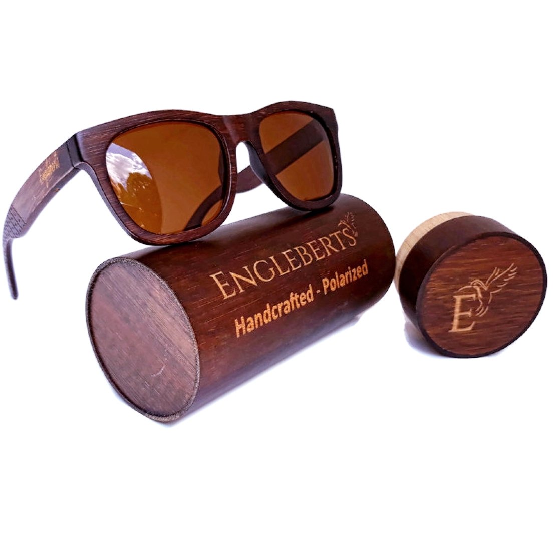 Sienna Wooden Sunglasses with Bamboo Case featuring tea polarized lenses, showcasing handcrafted design and eco-friendly materials.