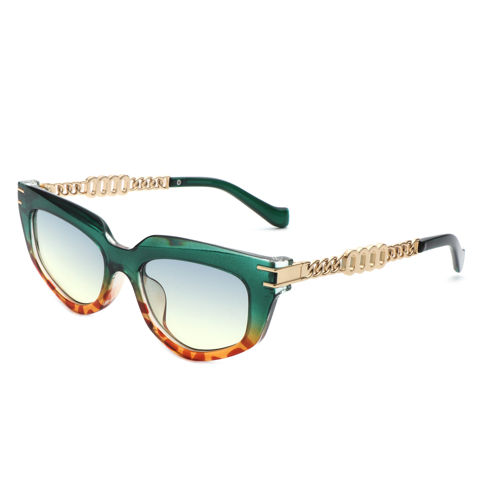 Skylight Women's Cat Eye Sunglasses featuring a chic chain link design, plastic and metal frame, and UV protection.