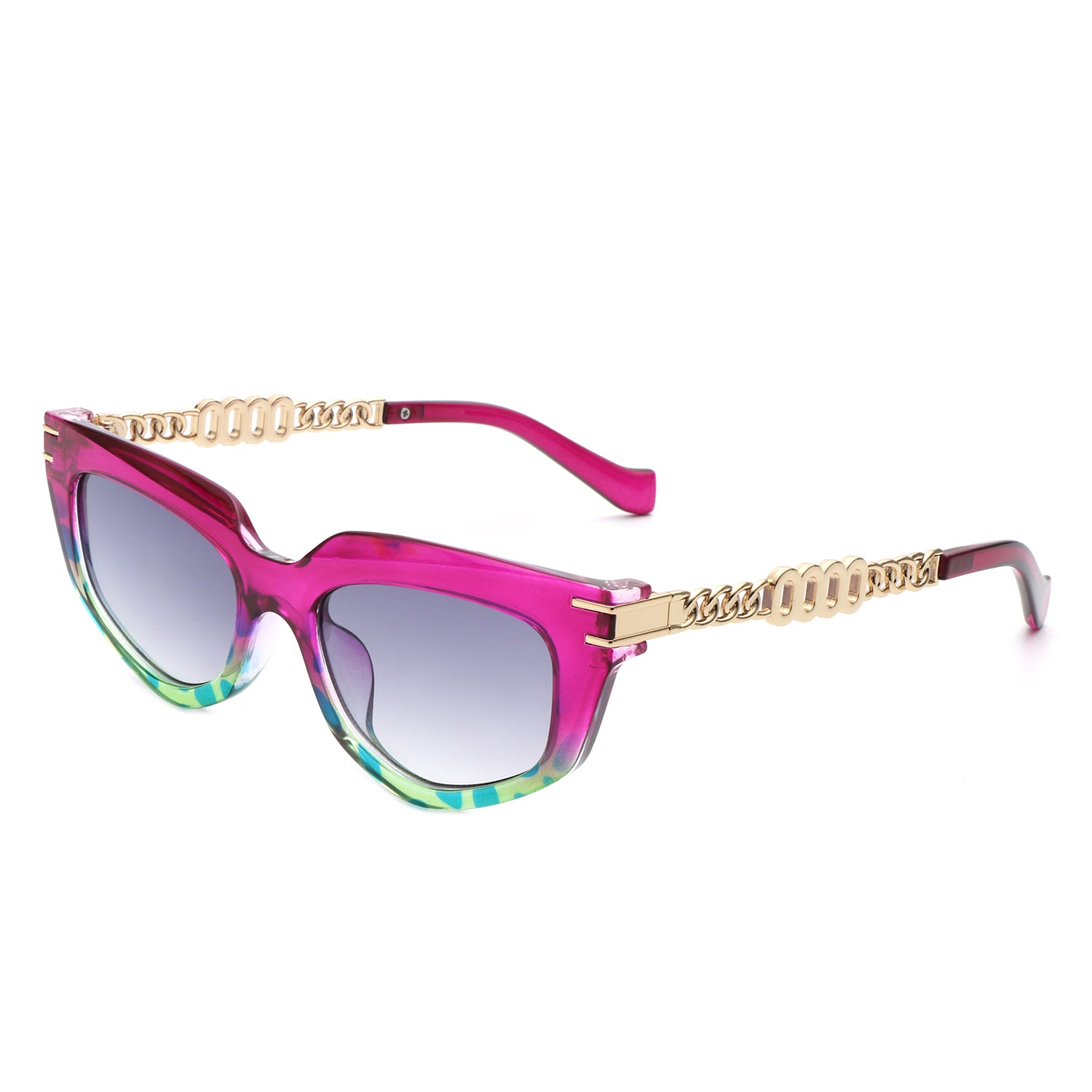Skylight Women's Cat Eye Sunglasses featuring a chic chain link design, plastic and metal frame, and UV protection.