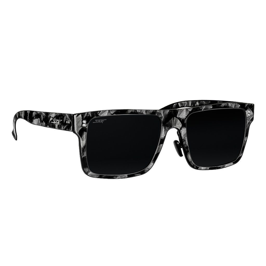 A pair of stylish Forged Carbon Fiber Sunglasses with polarized lenses, featuring square frames and a lightweight design, ideal for outdoor activities.