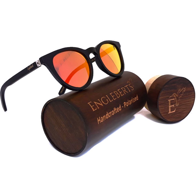 Engleberts Sunset Mirror Lenses Polarized sunglasses with black bamboo frame and protective case, showcasing stylish design and eco-friendly materials.