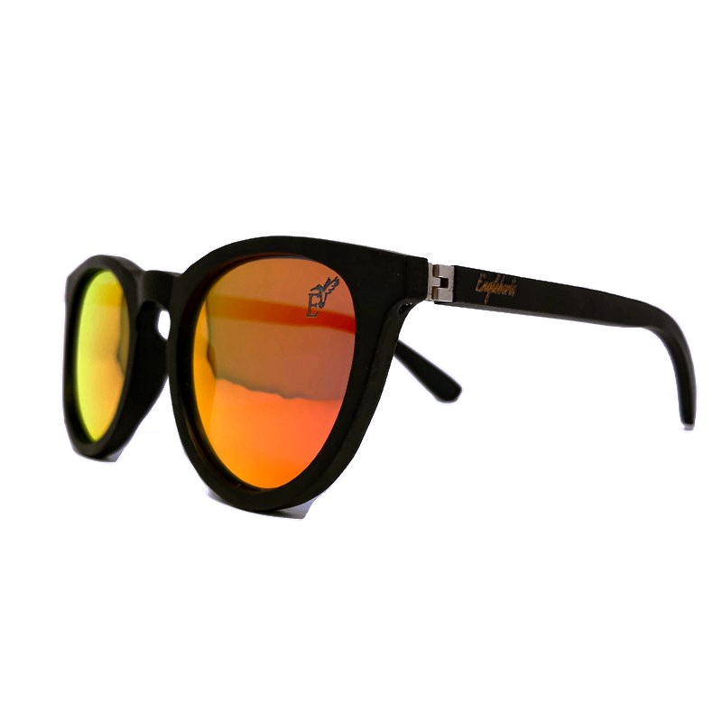 Engleberts Sunset Mirror Lenses Polarized sunglasses with black bamboo frame and protective case, showcasing stylish design and eco-friendly materials.