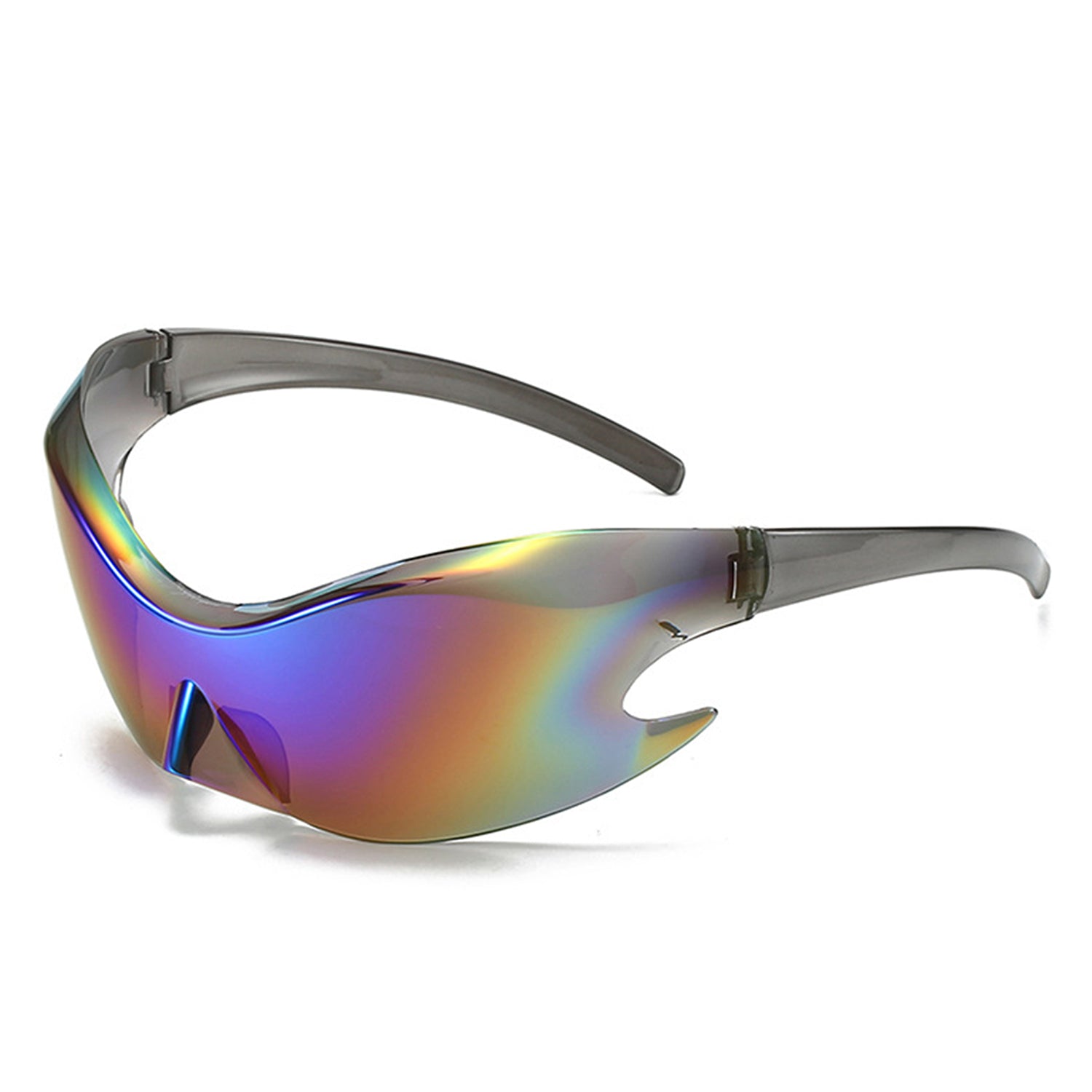 Whiestan Futuristic Mirrored Sleek Wrap Around Sports Sunglasses showcasing a stylish design with a reflective lens and a lightweight plastic frame.