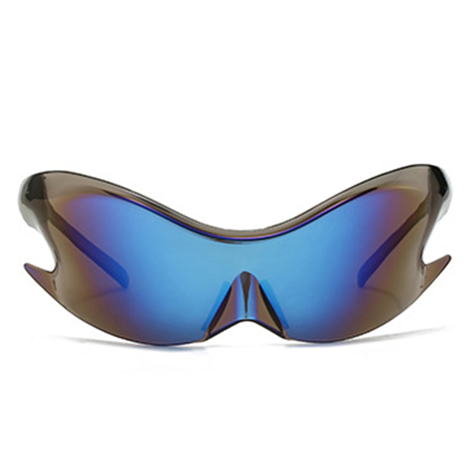 Whiestan Futuristic Mirrored Sleek Wrap Around Sports Sunglasses showcasing a stylish design with a reflective lens and a lightweight plastic frame.