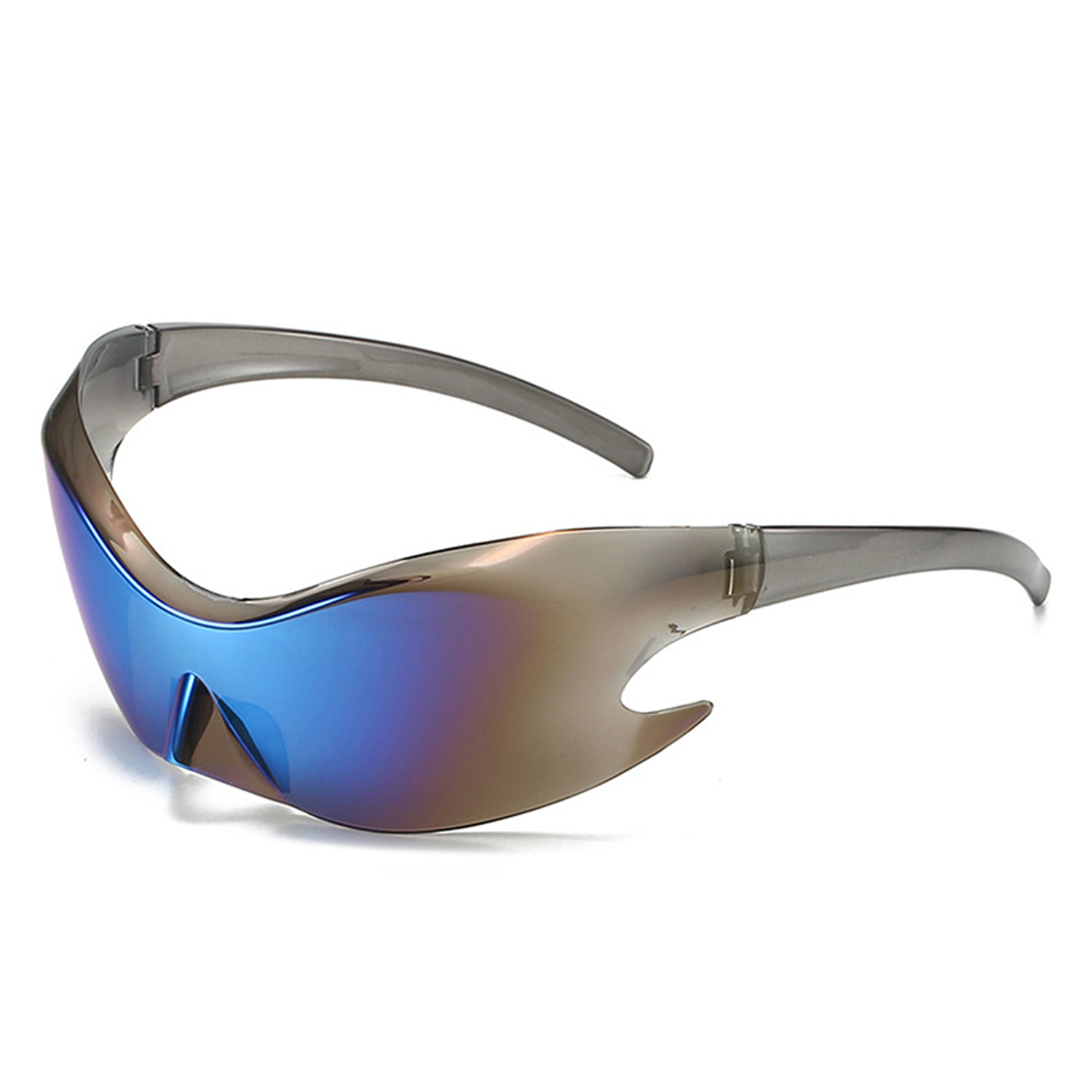 Whiestan Futuristic Mirrored Sleek Wrap Around Sports Sunglasses showcasing a stylish design with a reflective lens and a lightweight plastic frame.