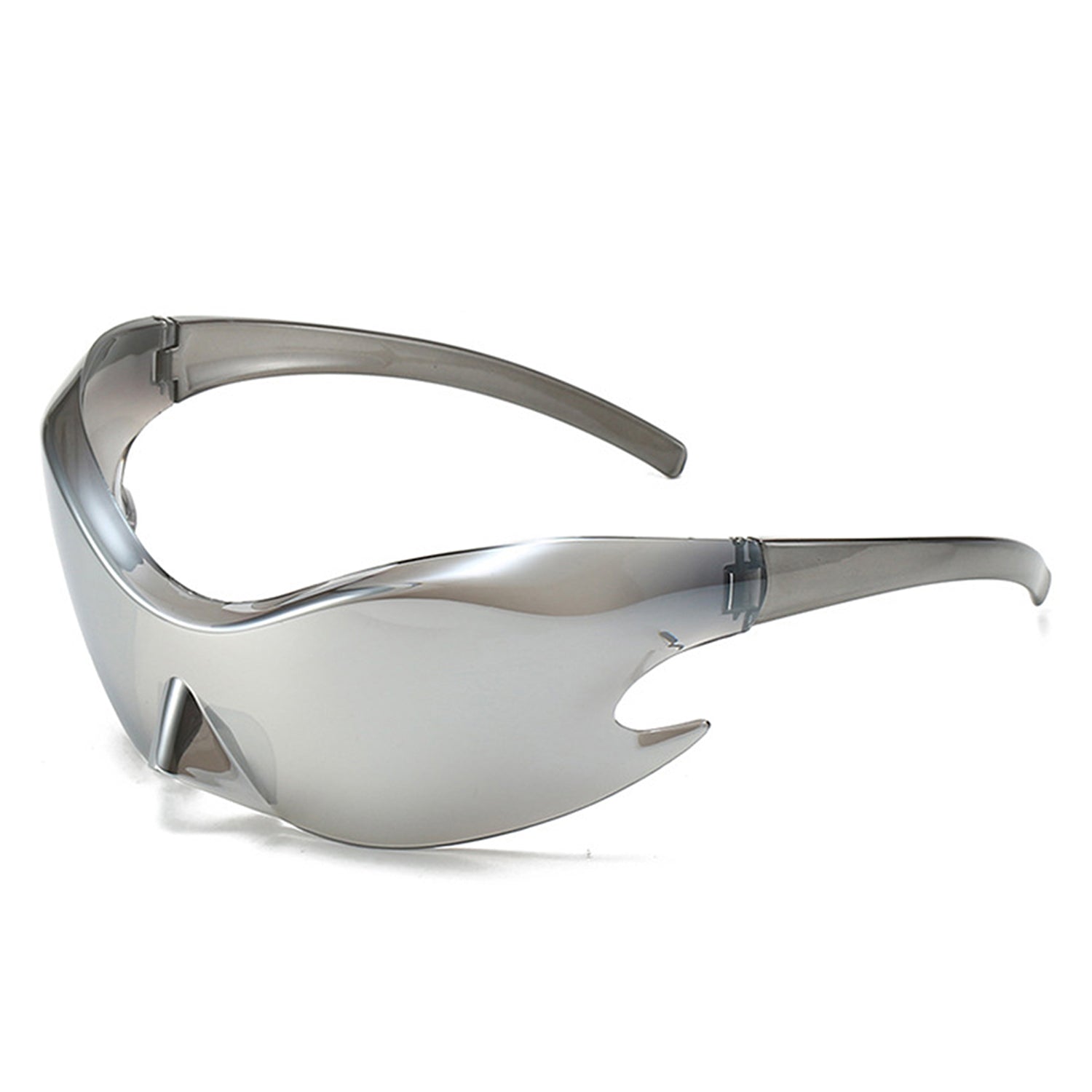 Whiestan Futuristic Mirrored Sleek Wrap Around Sports Sunglasses showcasing a stylish design with a reflective lens and a lightweight plastic frame.