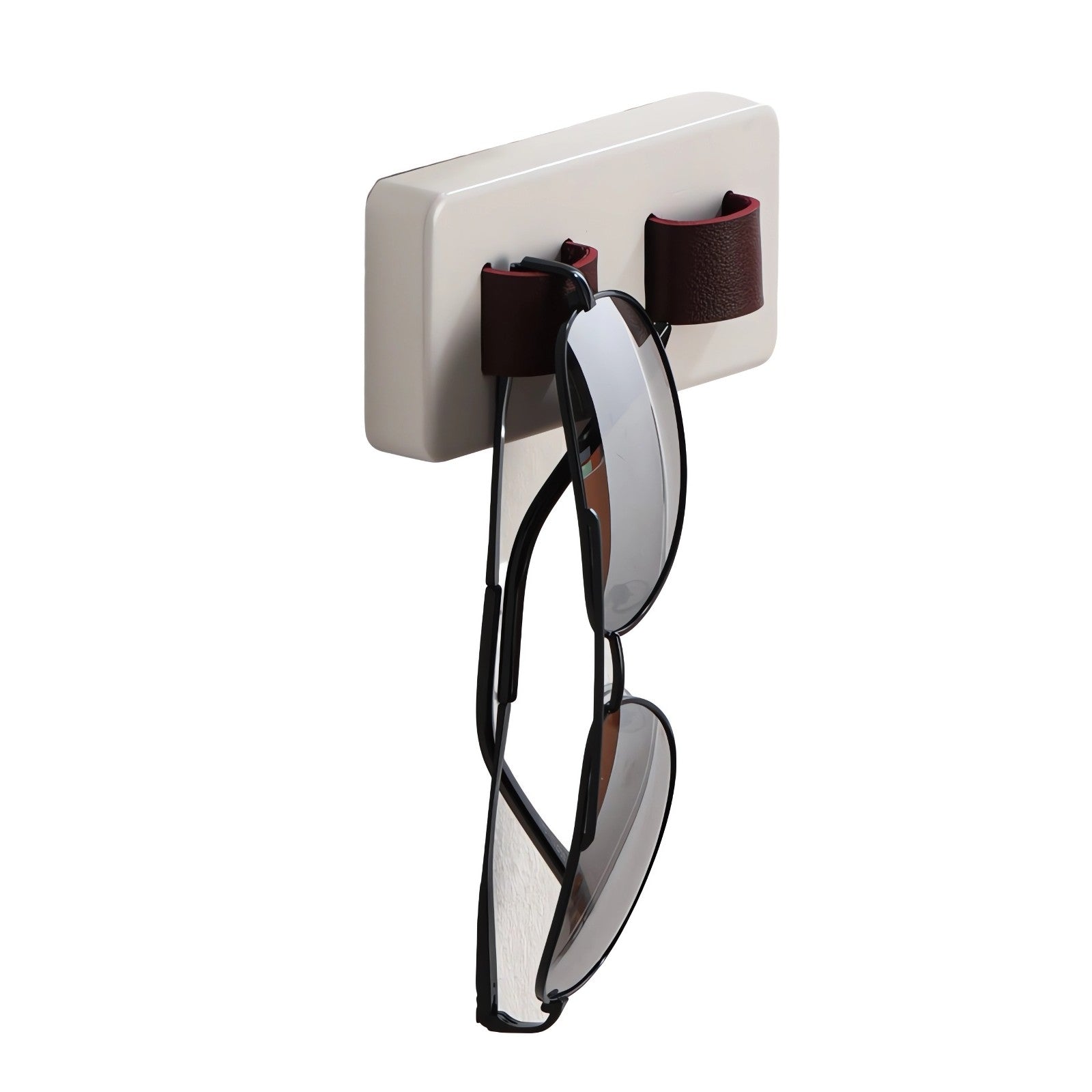 Wood Eye Glasses Holder mounted on a wall, featuring bamboo base and leather straps, elegantly displaying sunglasses and eyeglasses.