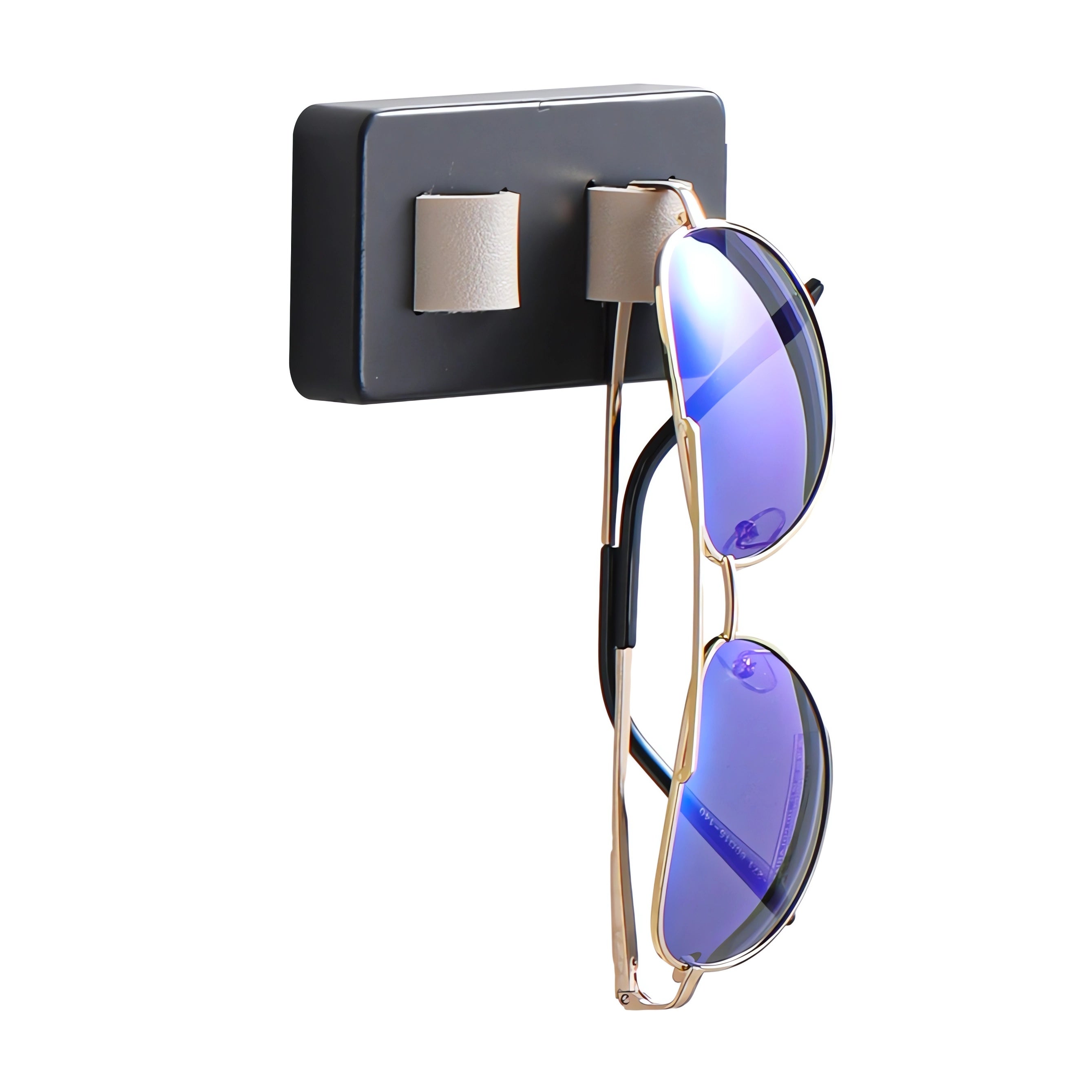 Wood Eye Glasses Holder mounted on a wall, featuring bamboo base and leather straps, elegantly displaying sunglasses and eyeglasses.