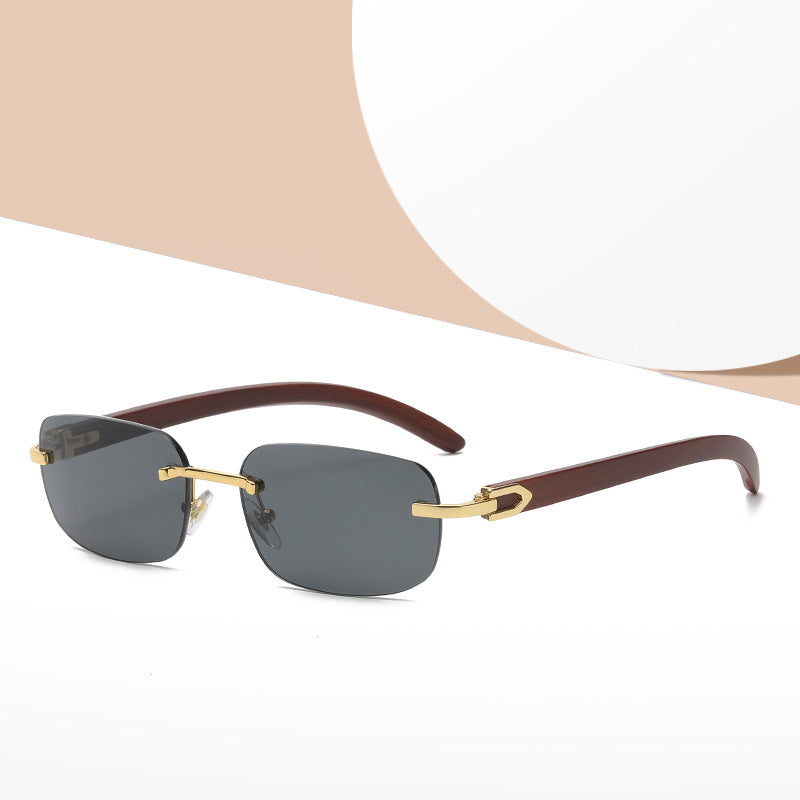 Stylish Wooden Grain Mirror Leg Metallic Sunglasses with a gold frame and black lenses, perfect for men and women.