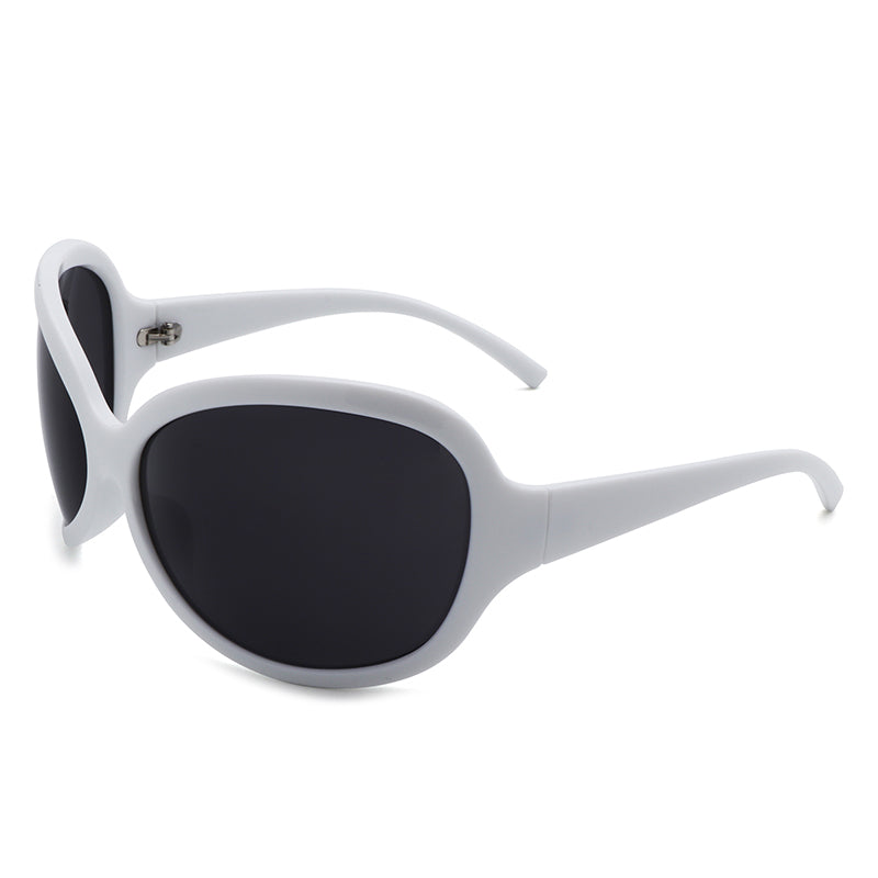 A pair of oversized oval sunglasses in a stylish Y2K design, featuring a wrap-around frame for comfort and UV protection.