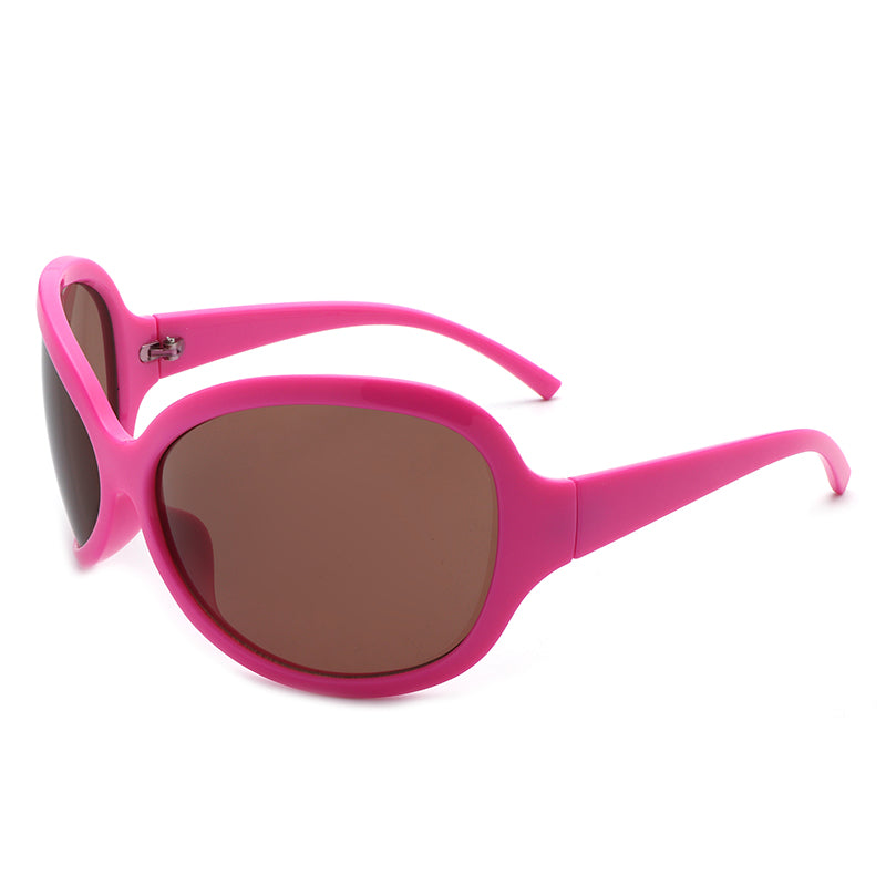 A pair of oversized oval sunglasses in a stylish Y2K design, featuring a wrap-around frame for comfort and UV protection.