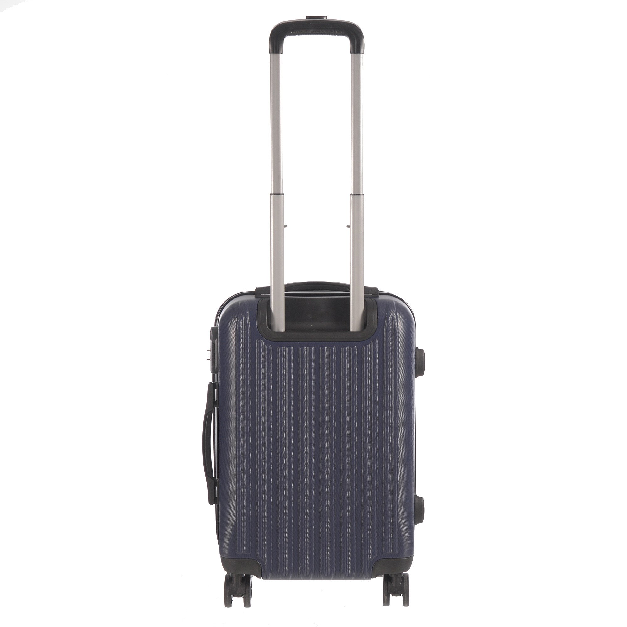 Dark blue rolling suitcase.