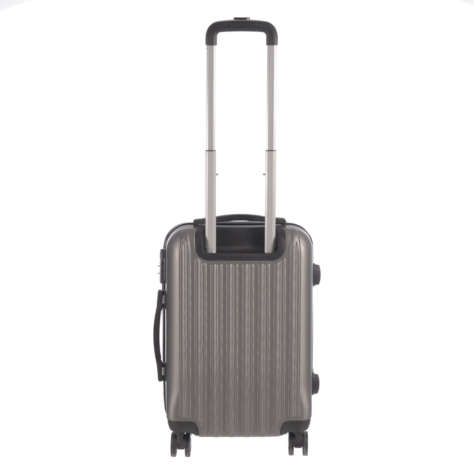 Silver rolling suitcase with handle.