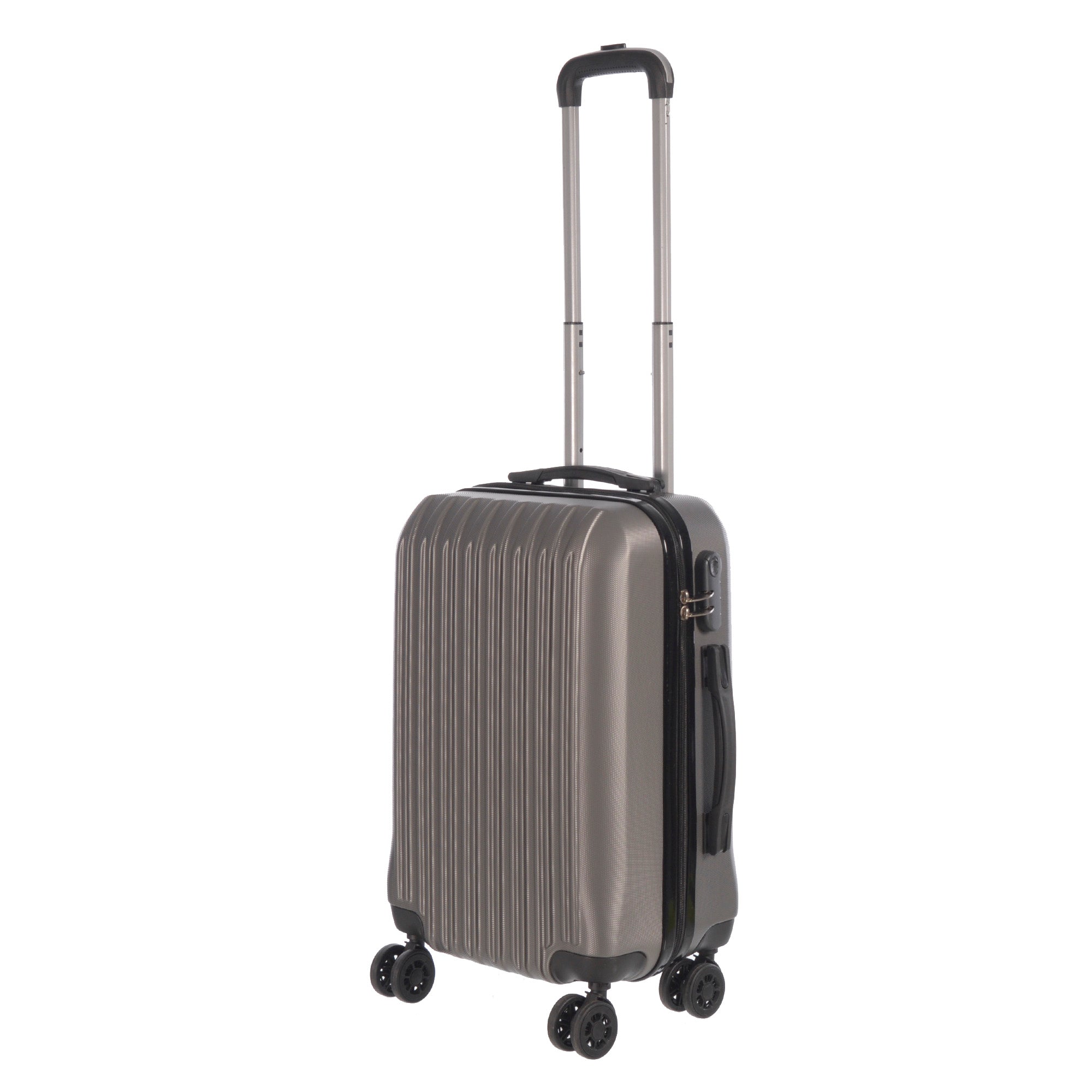 Grey wheeled travel suitcase.