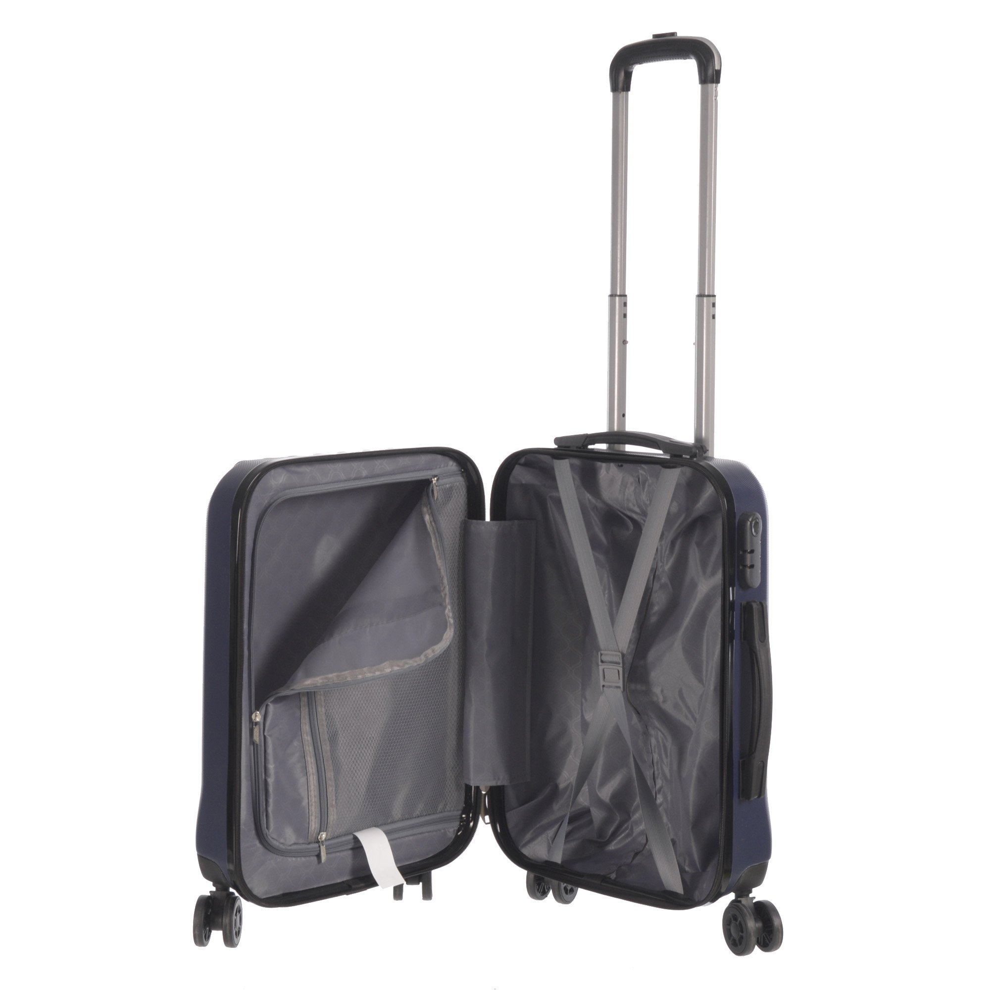 Open suitcase with telescopic handle.