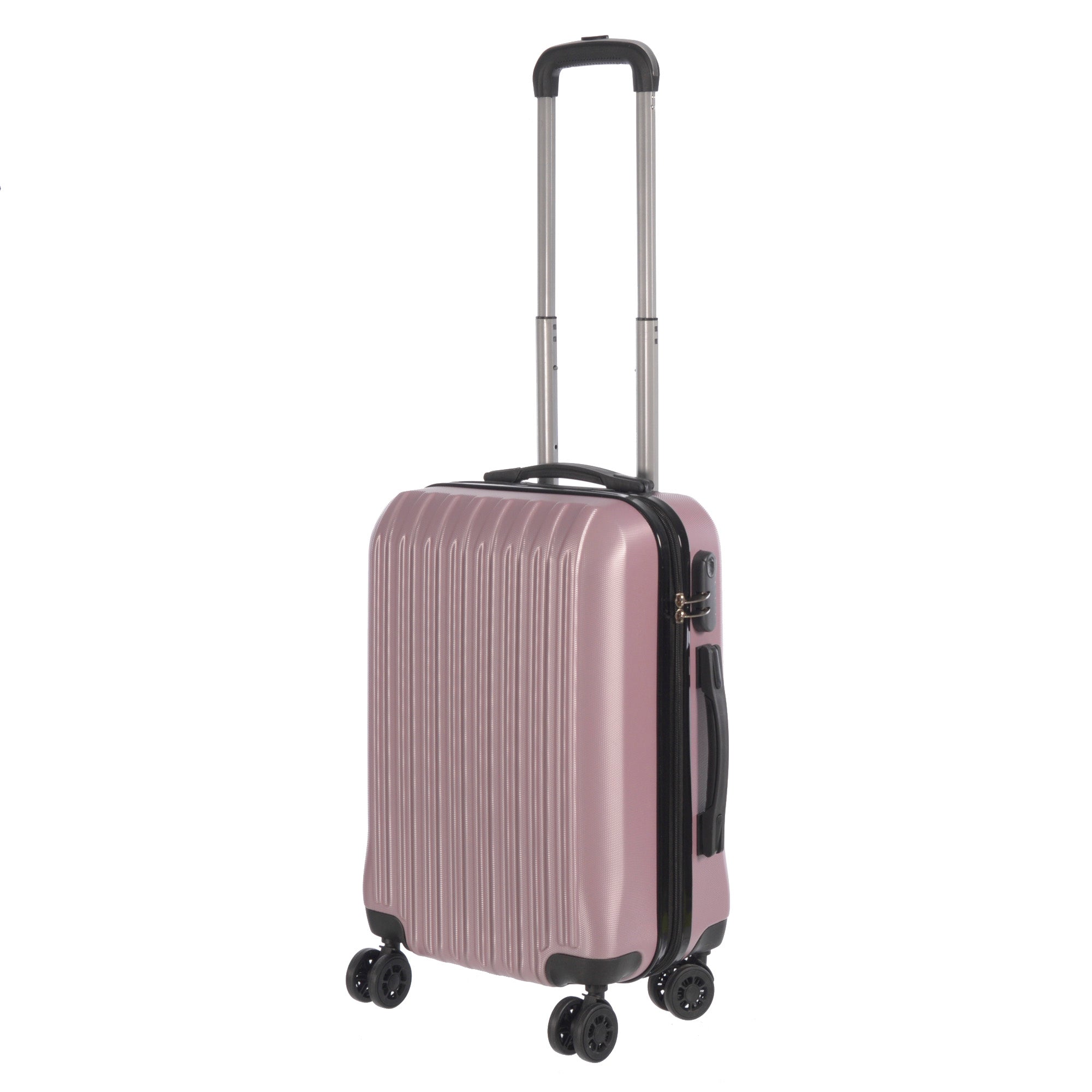 Pink hardshell suitcase with wheels.