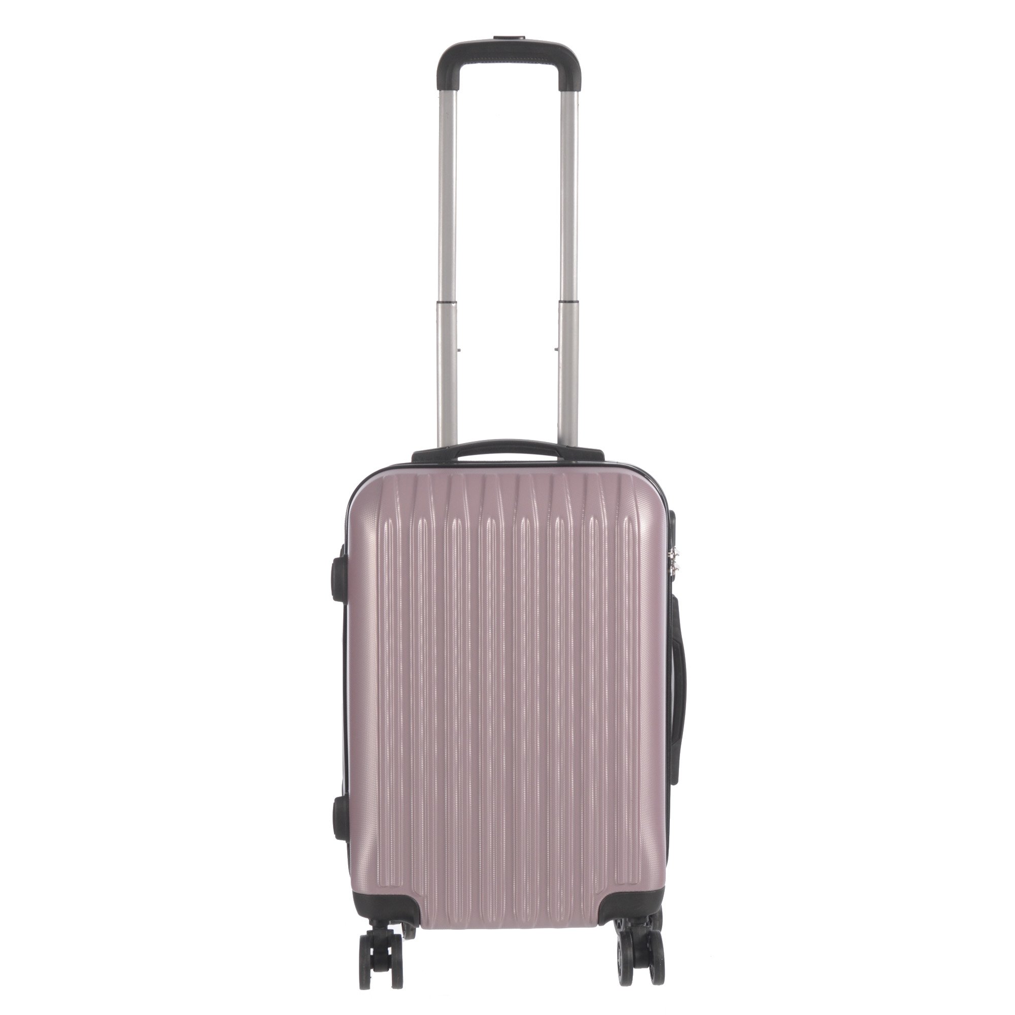 Pink rolling suitcase with handle.