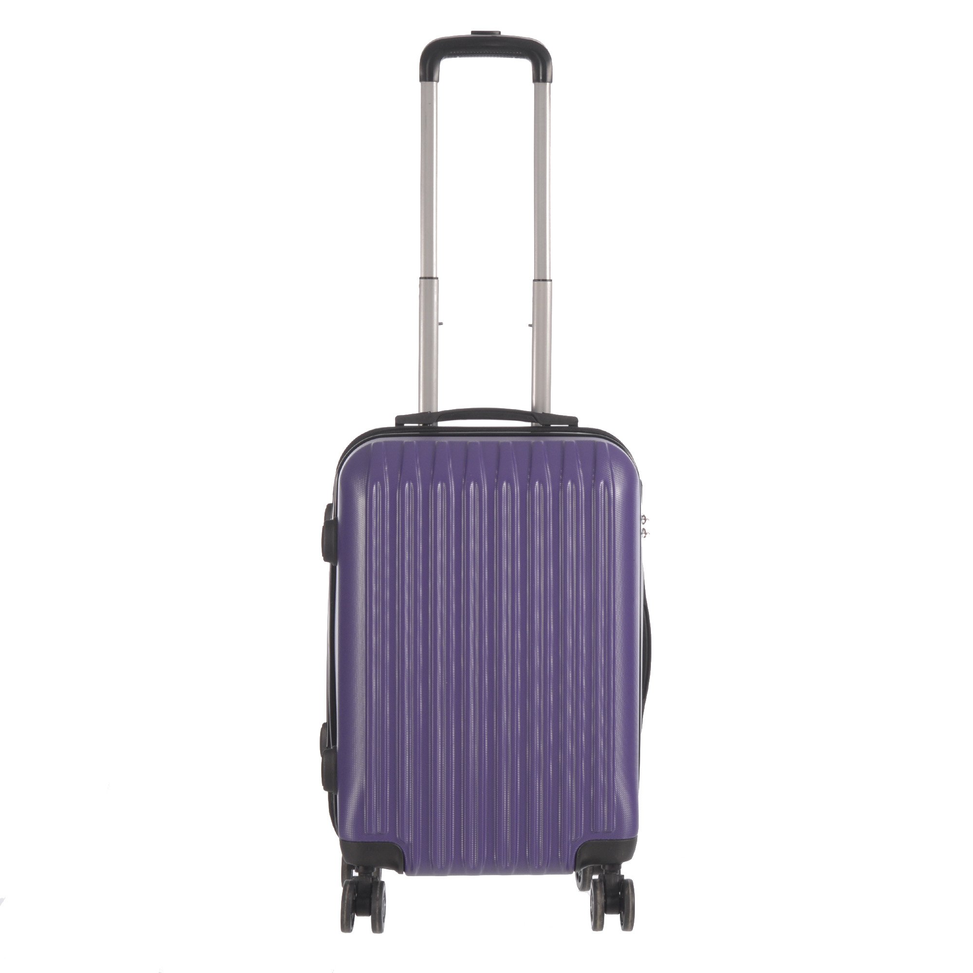 Purple luggage with extended handle.