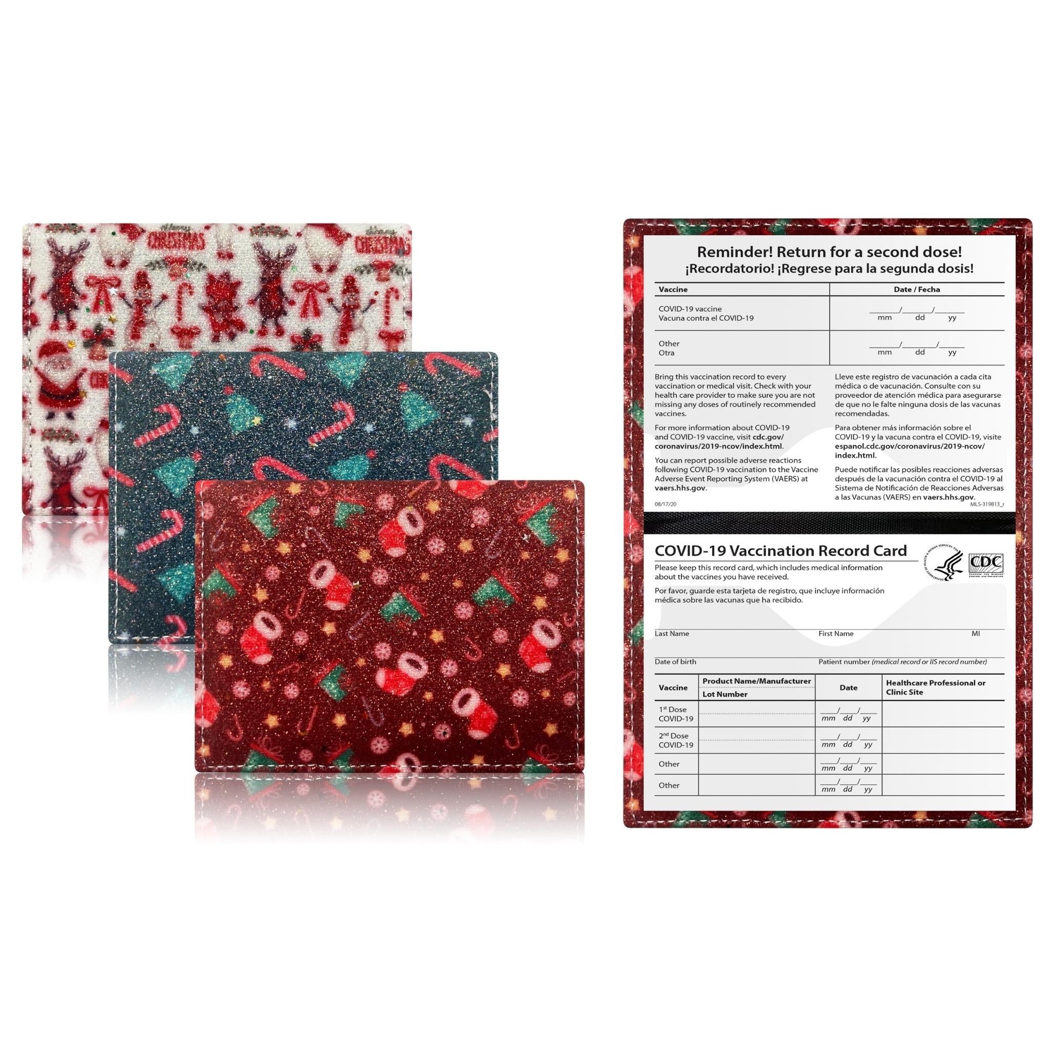 Three assorted holiday-themed faux leather vaccination card holders, designed to securely store CDC vaccination cards.