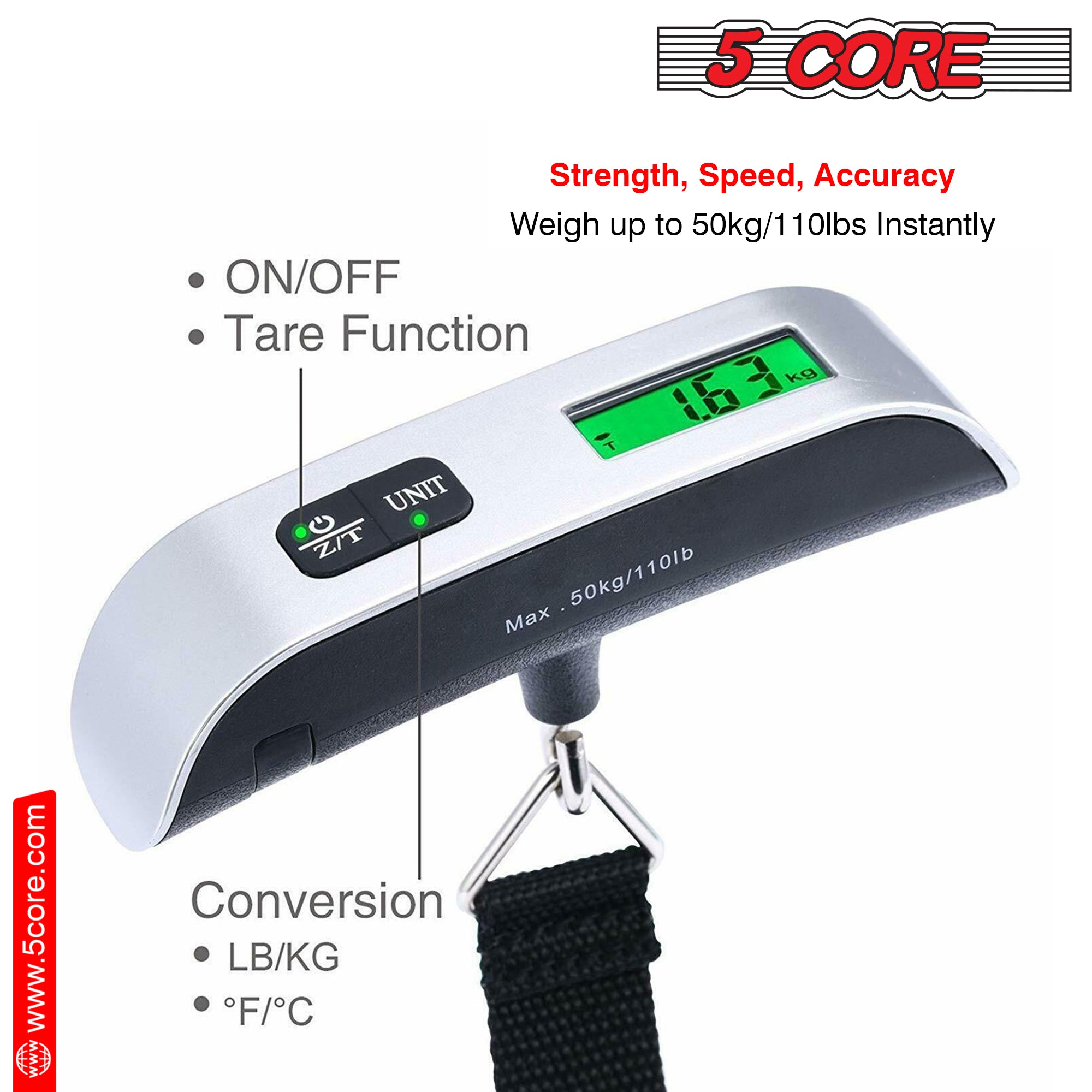 5Core Digital Luggage Scale with a large LCD display and durable strap, designed for accurate weight measurement of baggage up to 110 lbs.