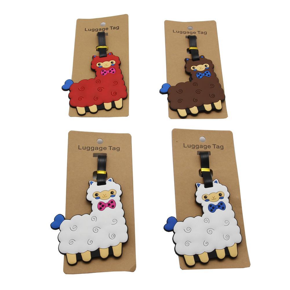 Colorful luggage tags featuring cute alpacas dressed for travel, made from durable silicone gel.
