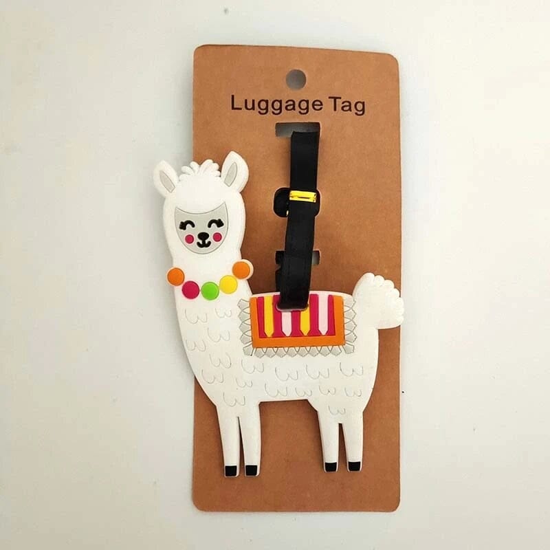 Colorful luggage tags featuring cute alpacas dressed for travel, made from durable silicone gel.