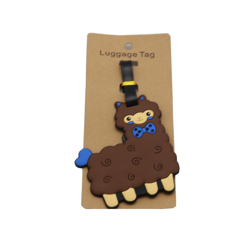 Colorful luggage tags featuring cute alpacas dressed for travel, made from durable silicone gel.