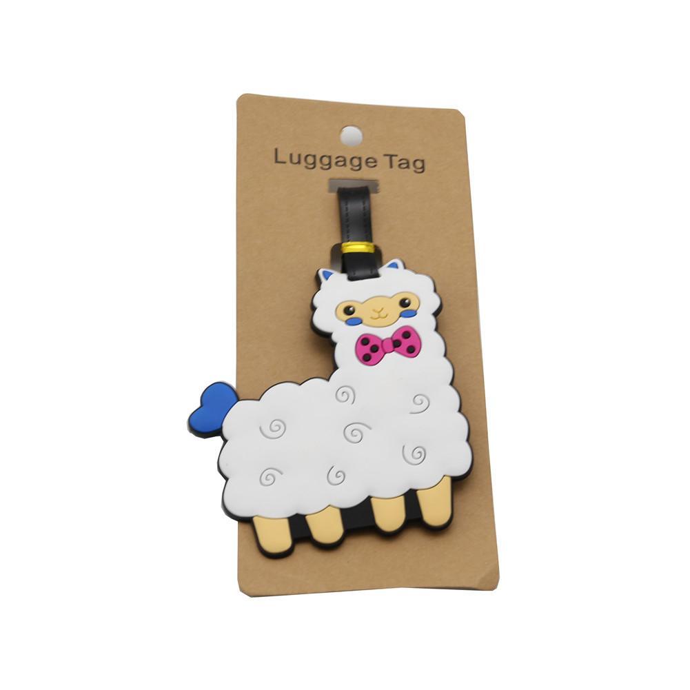 Colorful luggage tags featuring cute alpacas dressed for travel, made from durable silicone gel.