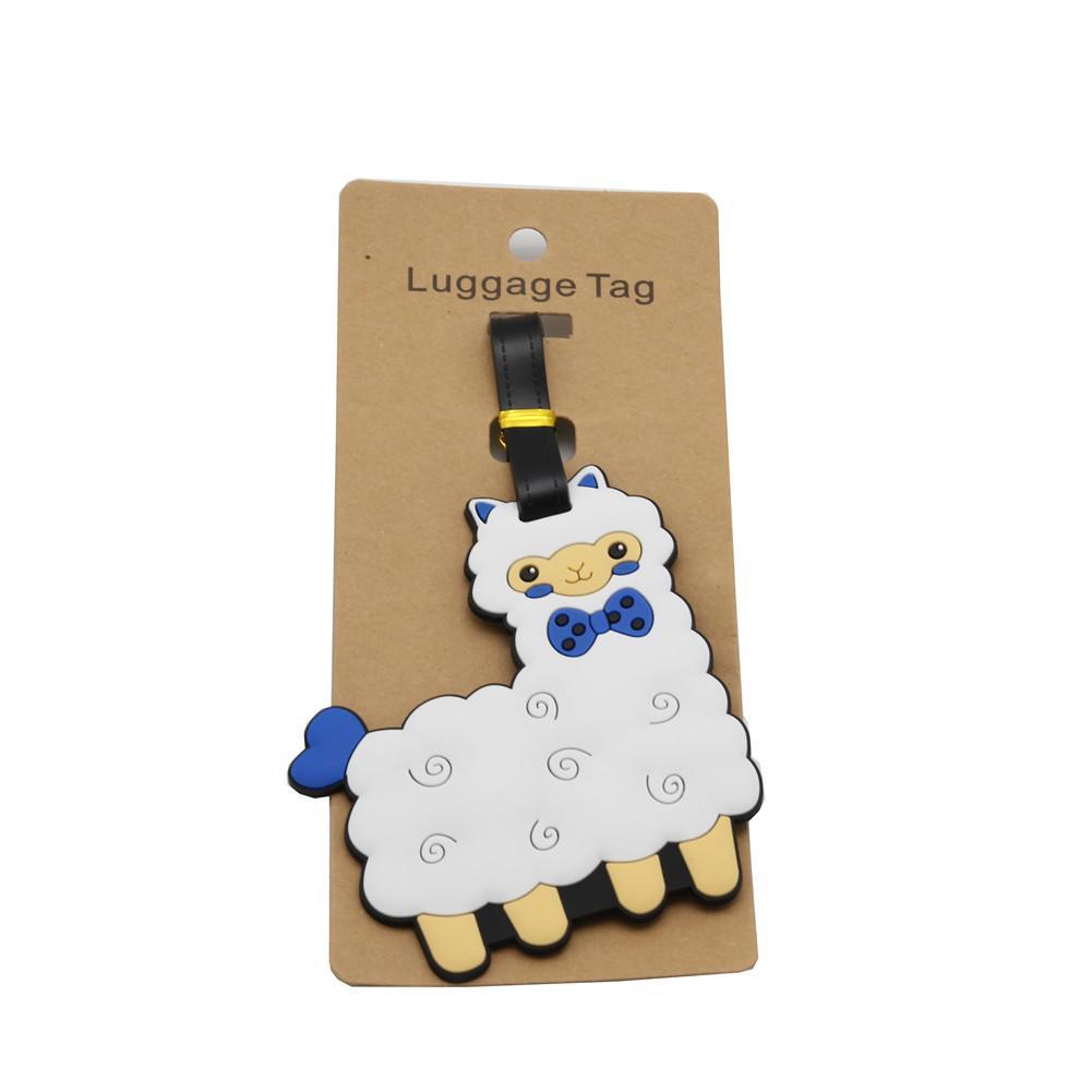 Colorful luggage tags featuring cute alpacas dressed for travel, made from durable silicone gel.