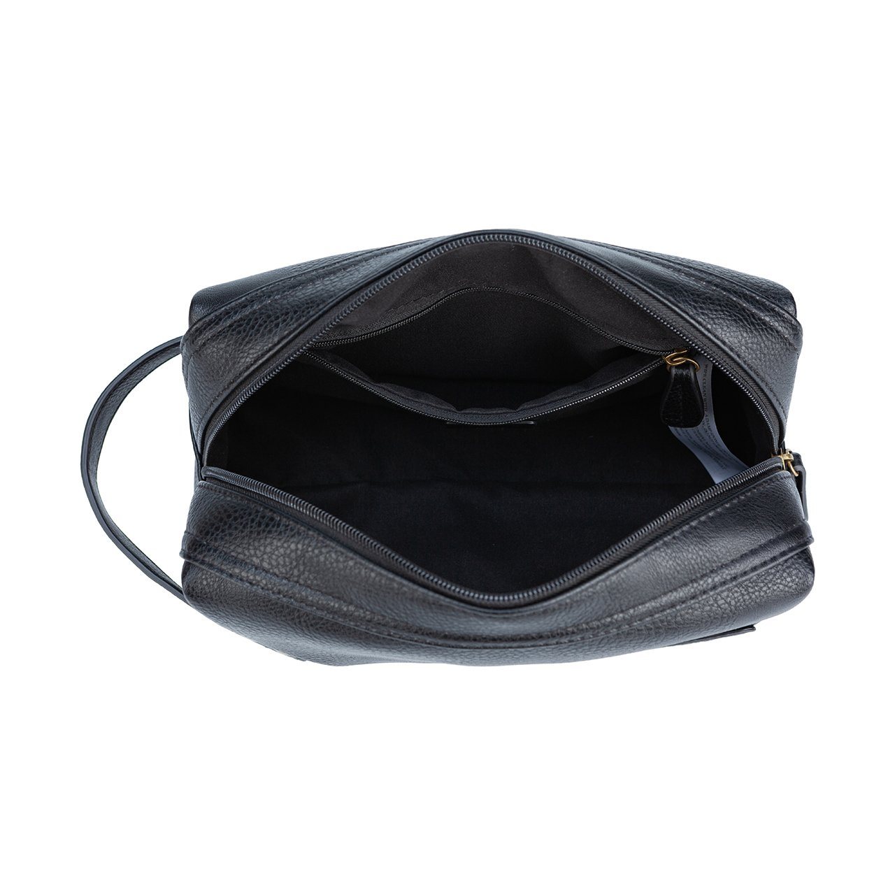 Open black leather bag interior.