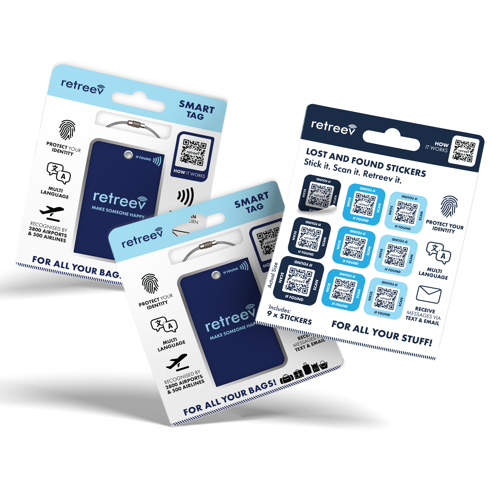 Dark Blue Combo featuring 2 Retreev Smart Tags and 9 Smart Stickers, designed for easy tracking of personal belongings.