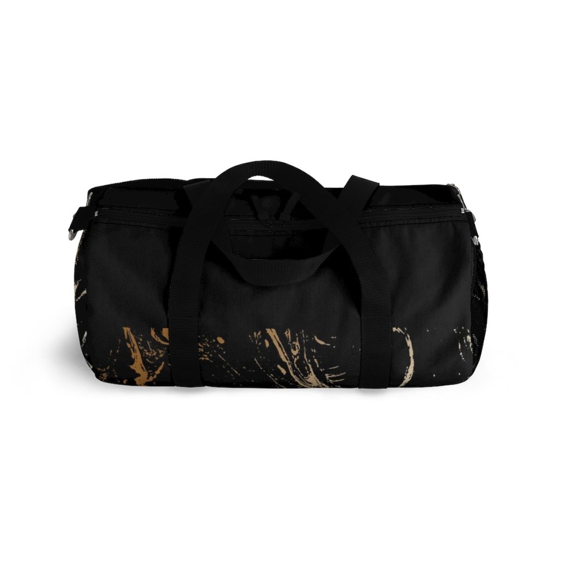 Stylish black and gold duffel bag made of soft nylon, perfect for gym and travel.
