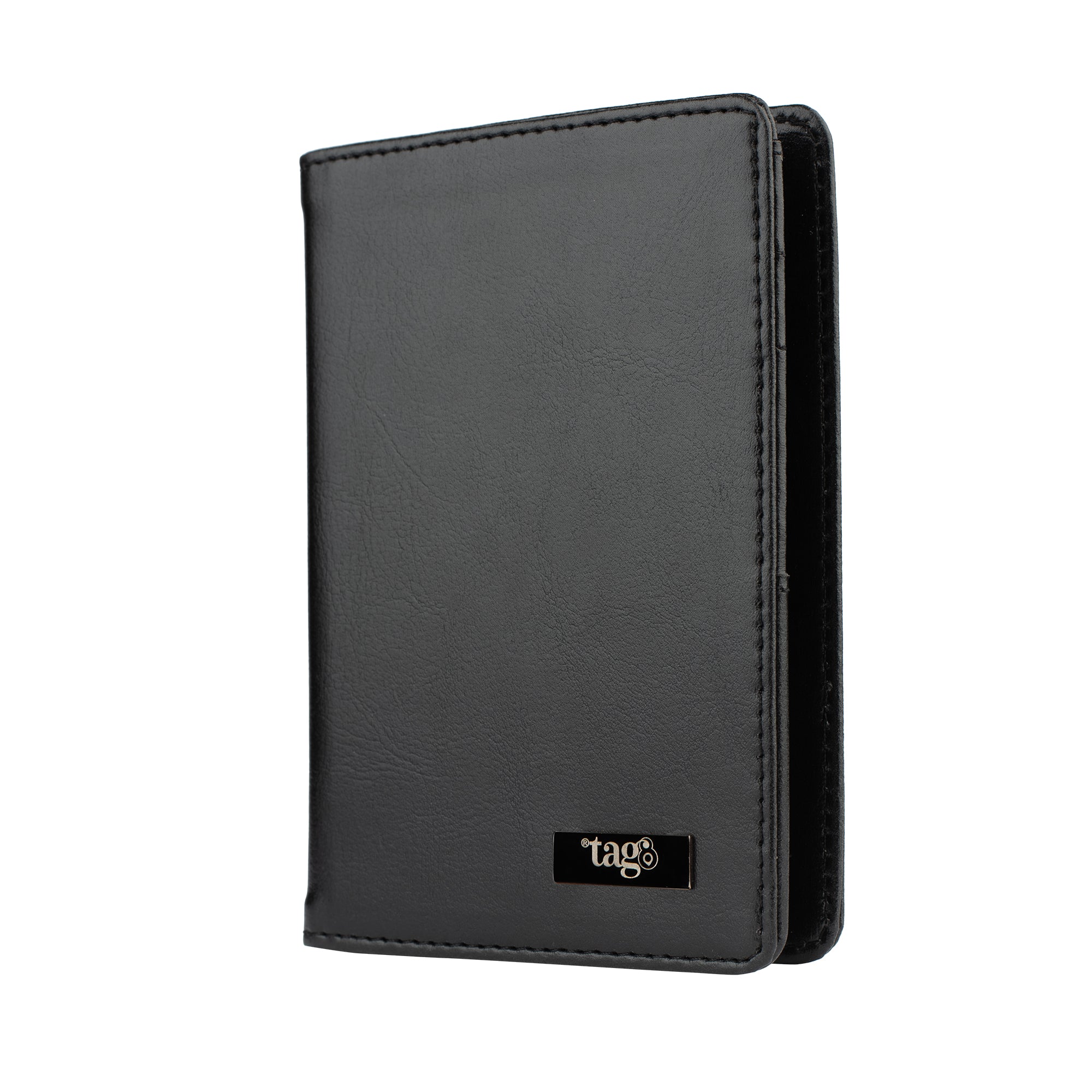 A stylish leather passport case featuring RFID protection, designed to securely hold passports and travel essentials.