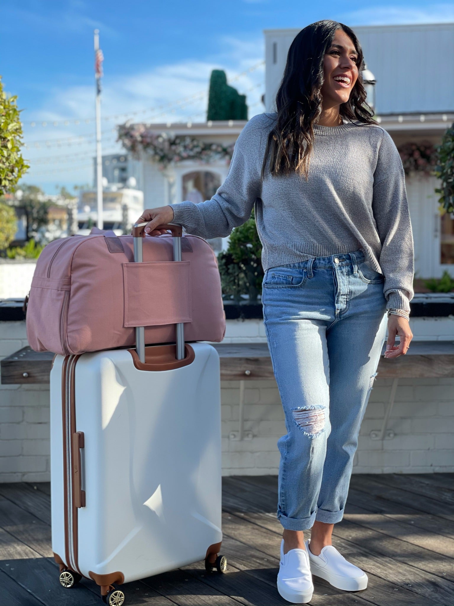 Getaway Duffel Bag in Sittin' Pretty Pink, featuring stylish design and multiple compartments for travel organization.